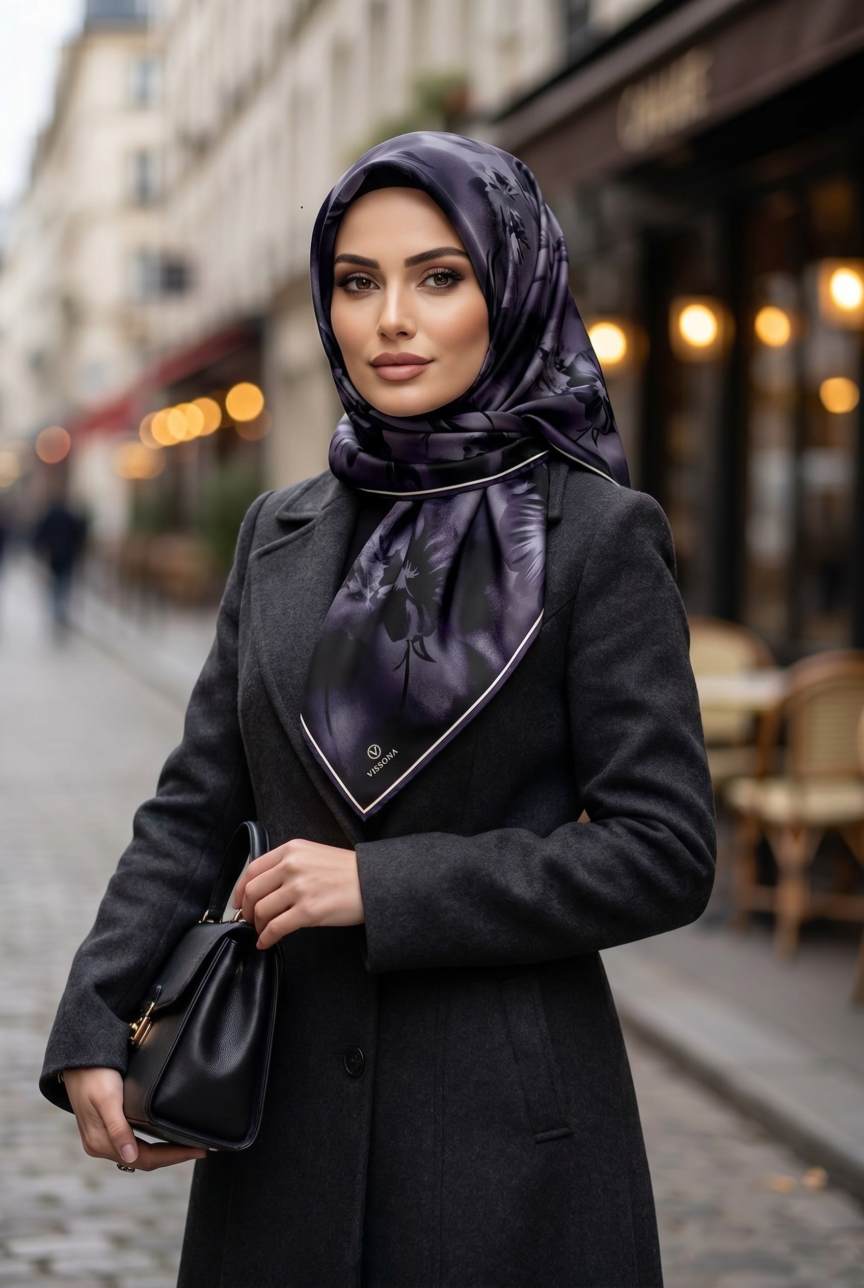100% Twill İpek Çiçek Desenli Füme Renkli 90x90 Dikim Şekli : El Dikişi Eşarp