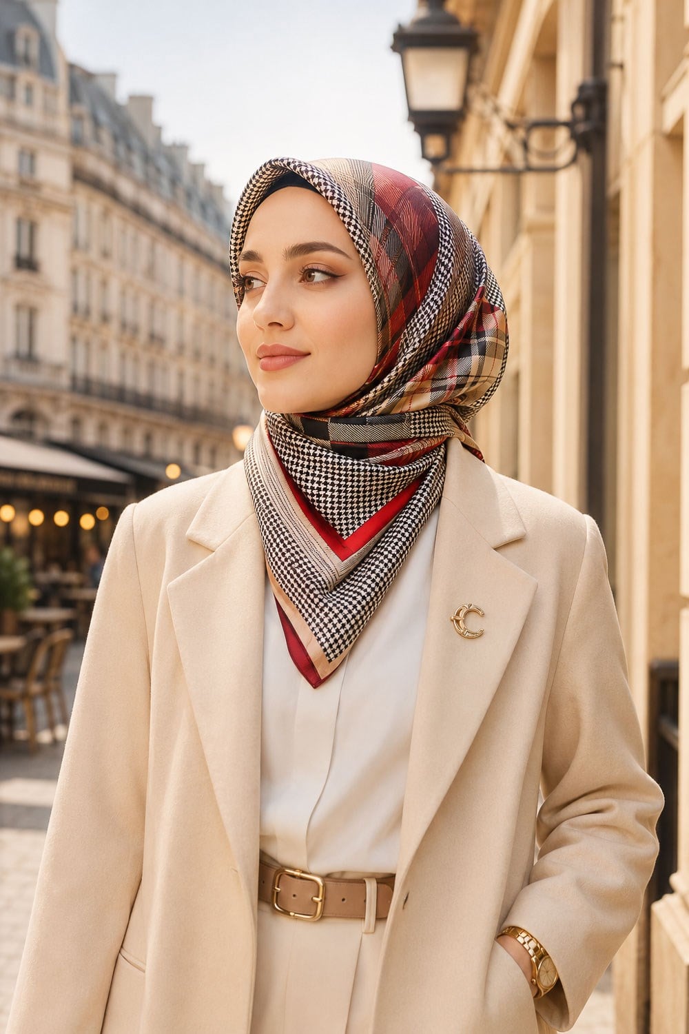 %100 Twill İpek Kazakayaklı Ve Ekose Desenli Camel - Krem Renkli 90x90 Eşarp Dikim Şekli : El Dikişi
