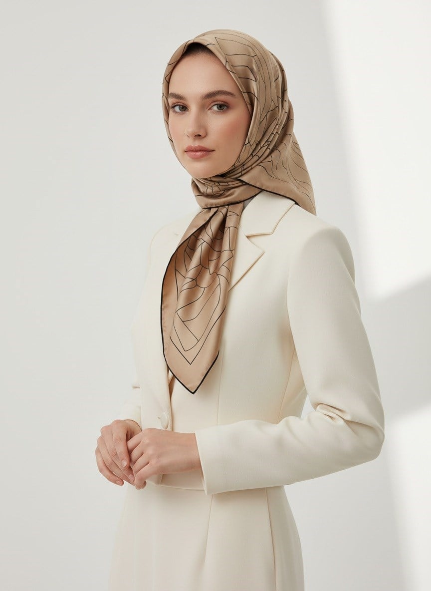 %100 Twill İpek Çizgi Desenli Bej - Siyah Renkli 90x90 Eşarp Dikim Şekli : El Dikişi