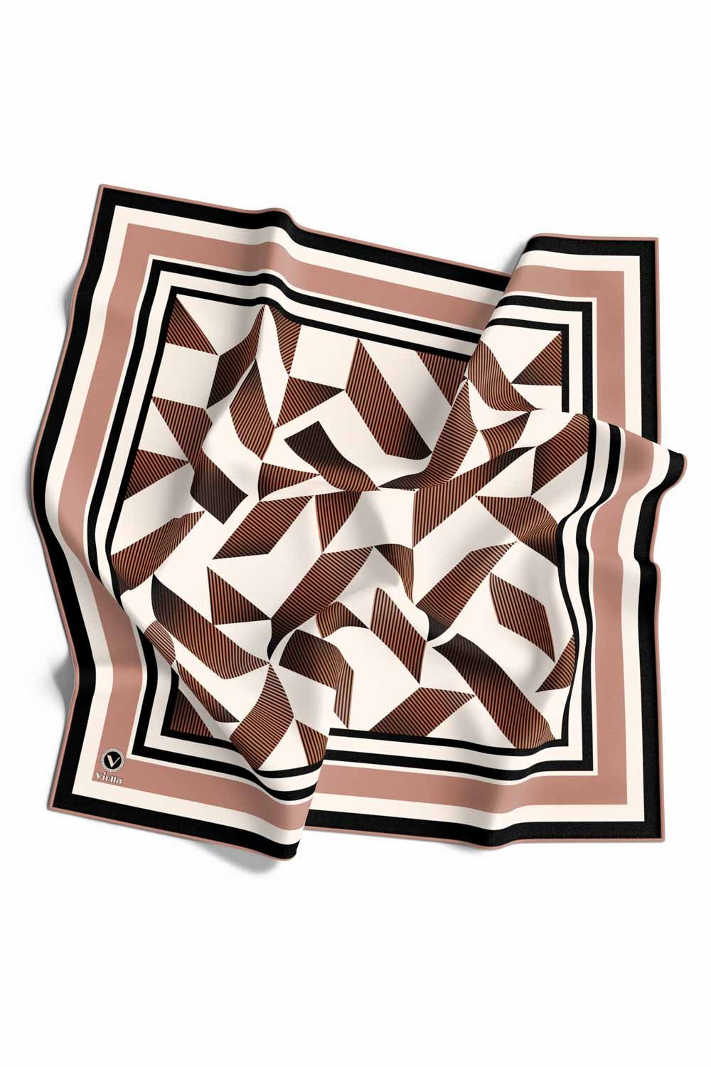 Twill Geometrik Desenli Somon Renkli 90x90 Eşarp (İpek İçermez) Kenar Dikiş Şekli El Dikişli