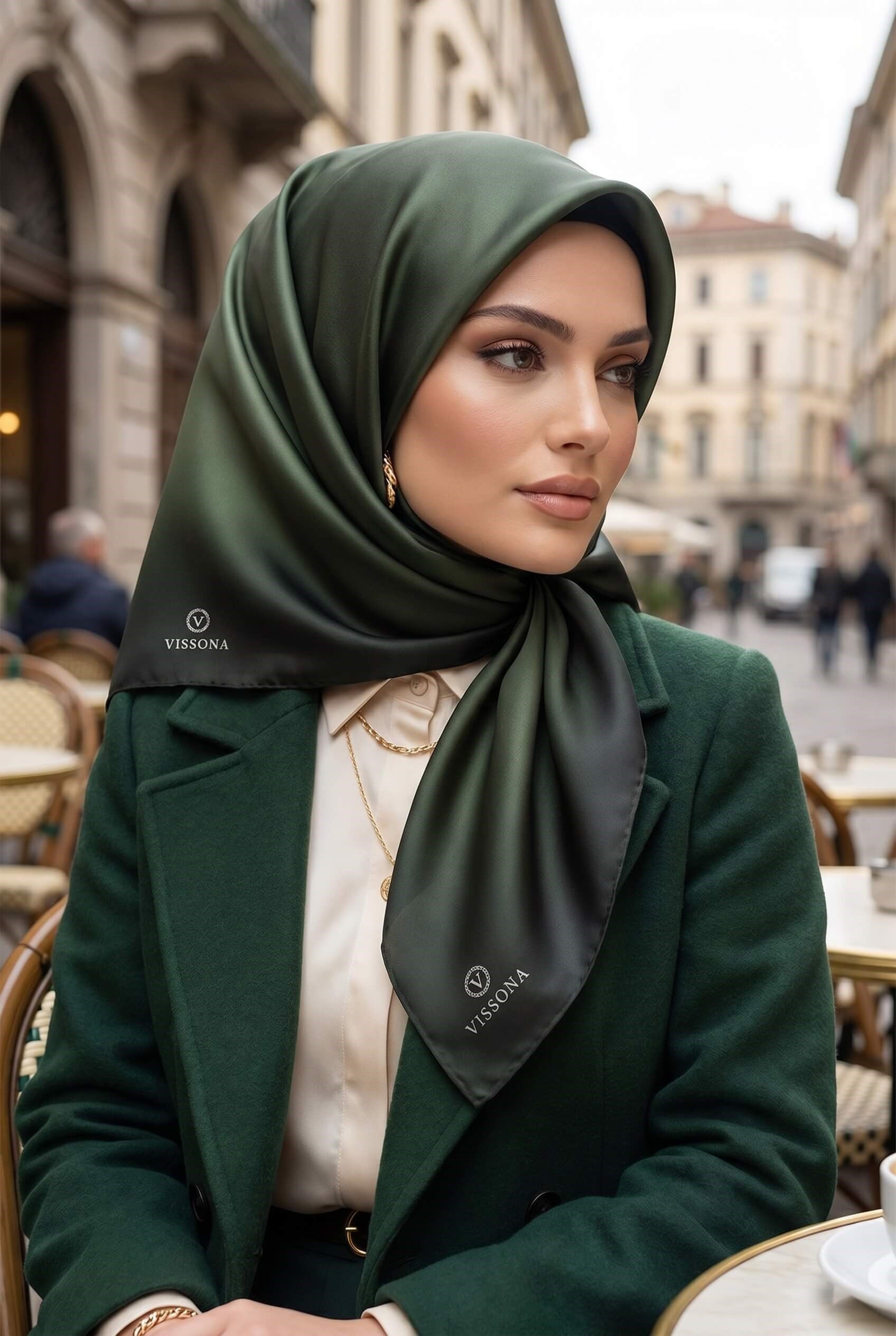%100 Twill İpek Degrade Desenli Haki Renkli 90x90 Eşarp Dikim Şekli : El Dikişi