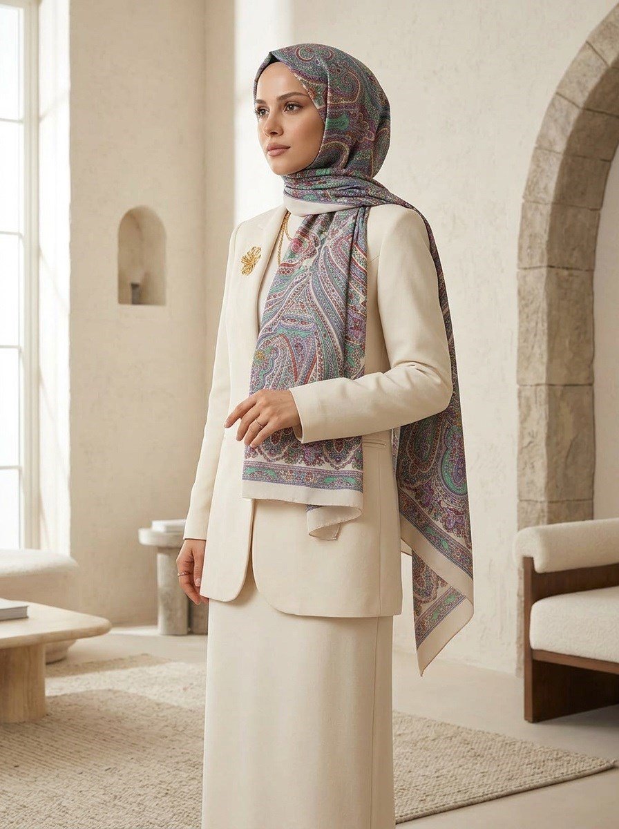 %100 İpek Etro Desenli Bej - Lila Renkli 92x210 Şal