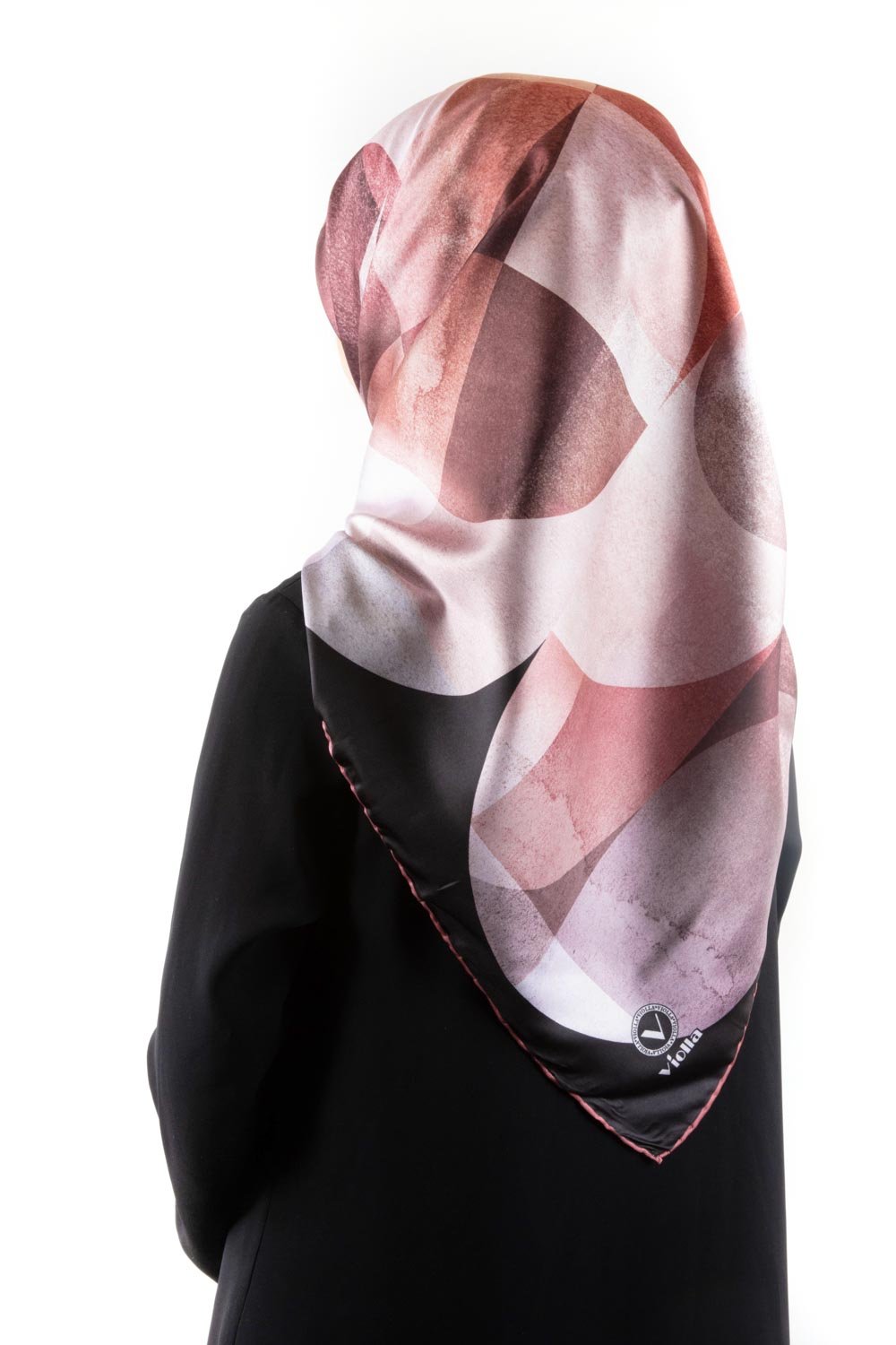 Twill Geometrik Desenli Pembe Renkli 90x90 Eşarp (İpek İçermez)Kenar Dikiş Şekli El Dikişli