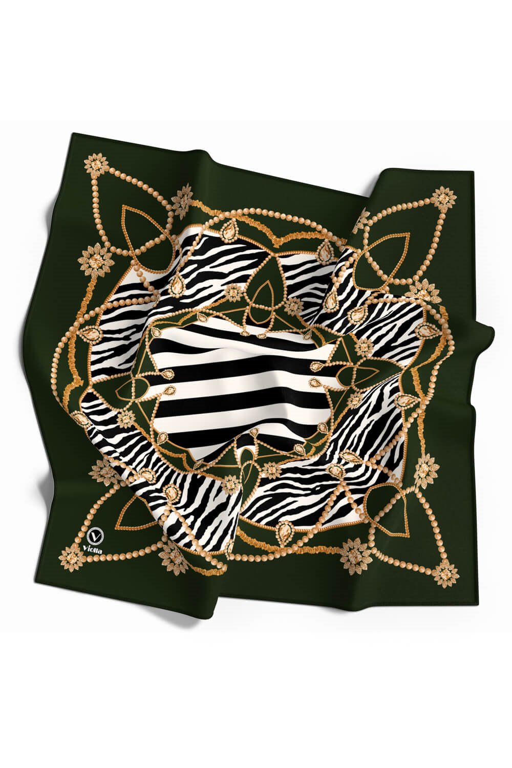 Twill Gold Detaylı Zebra Desenli Zümrüt Yeşili Renkli 90x90 Eşarp (İpek İçermez) Kenar Dikiş Şekli El Dikişli