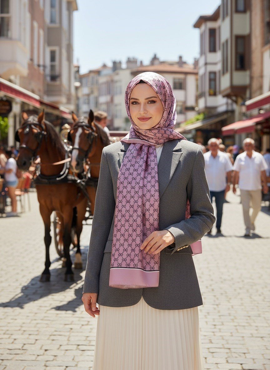 %100 İpek Minik Motif Desenli Gül Kurusu Renkli 92x210 Şal