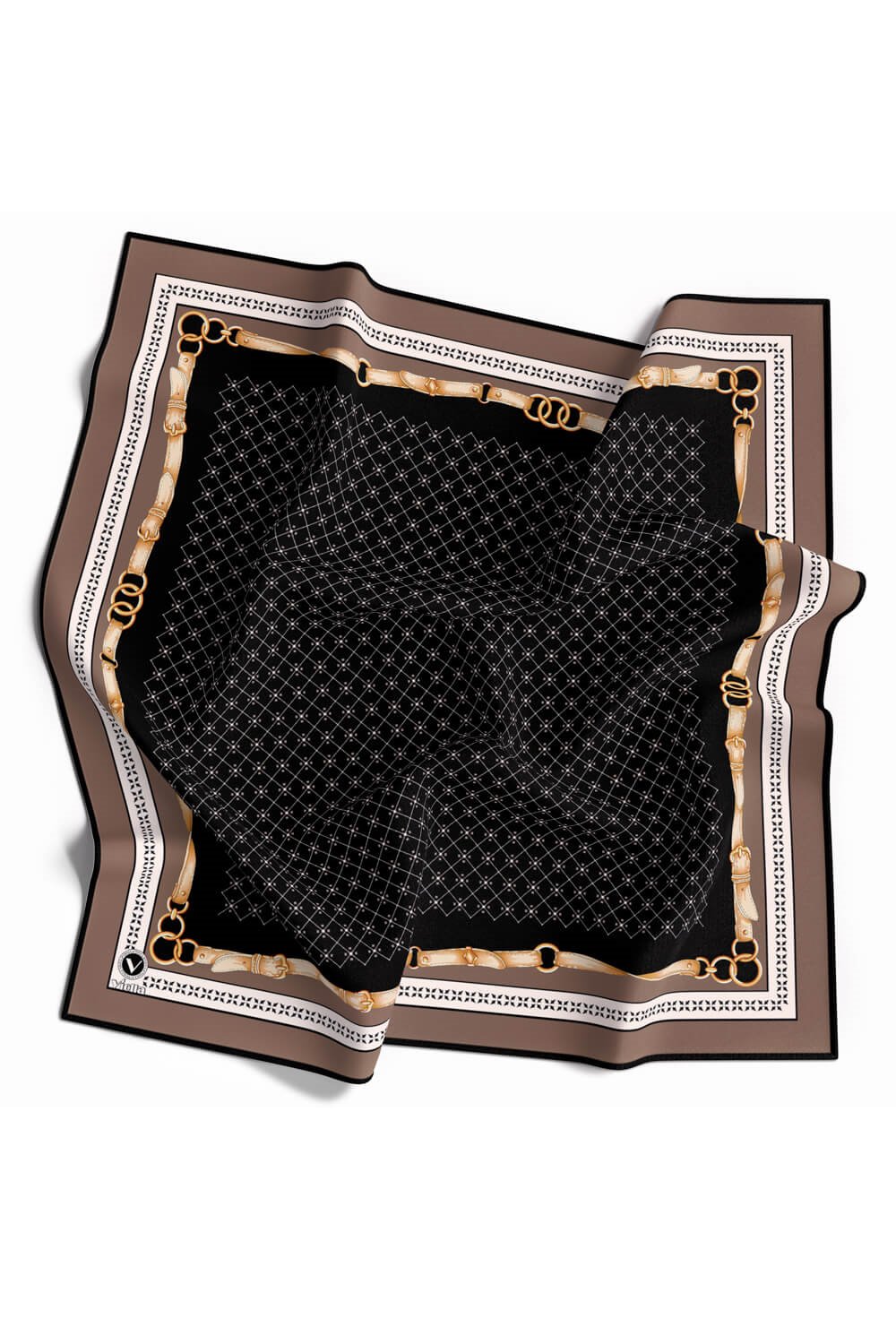 Twill Kemerli ve Çıtır Motifli Desenli Vizon Renkli 90x90 Eşarp (İpek İçermez) Dikim Şekli : El Dikişi