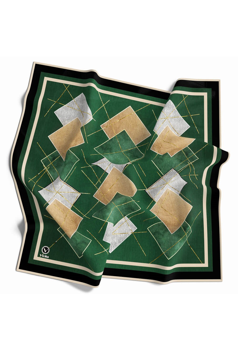 Twill Geometrik Desenli Petrol Yeşili Renkli 90x90 Eşarp (İpek İçermez) Kenar Dikiş Şekli El Dikişli