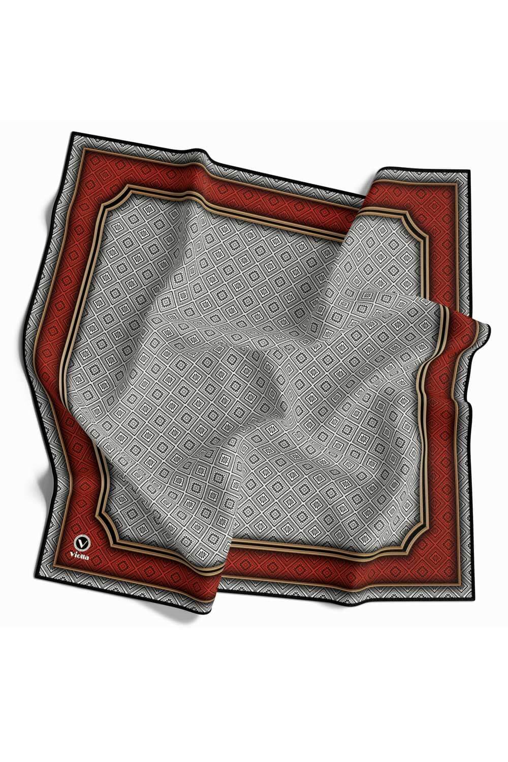 Twill Geometrik Çıtır Desenli Kırmızı Renkli 90x90 Eşarp (İpek İçermez) Kenar Dikiş Şekli El Dikişli