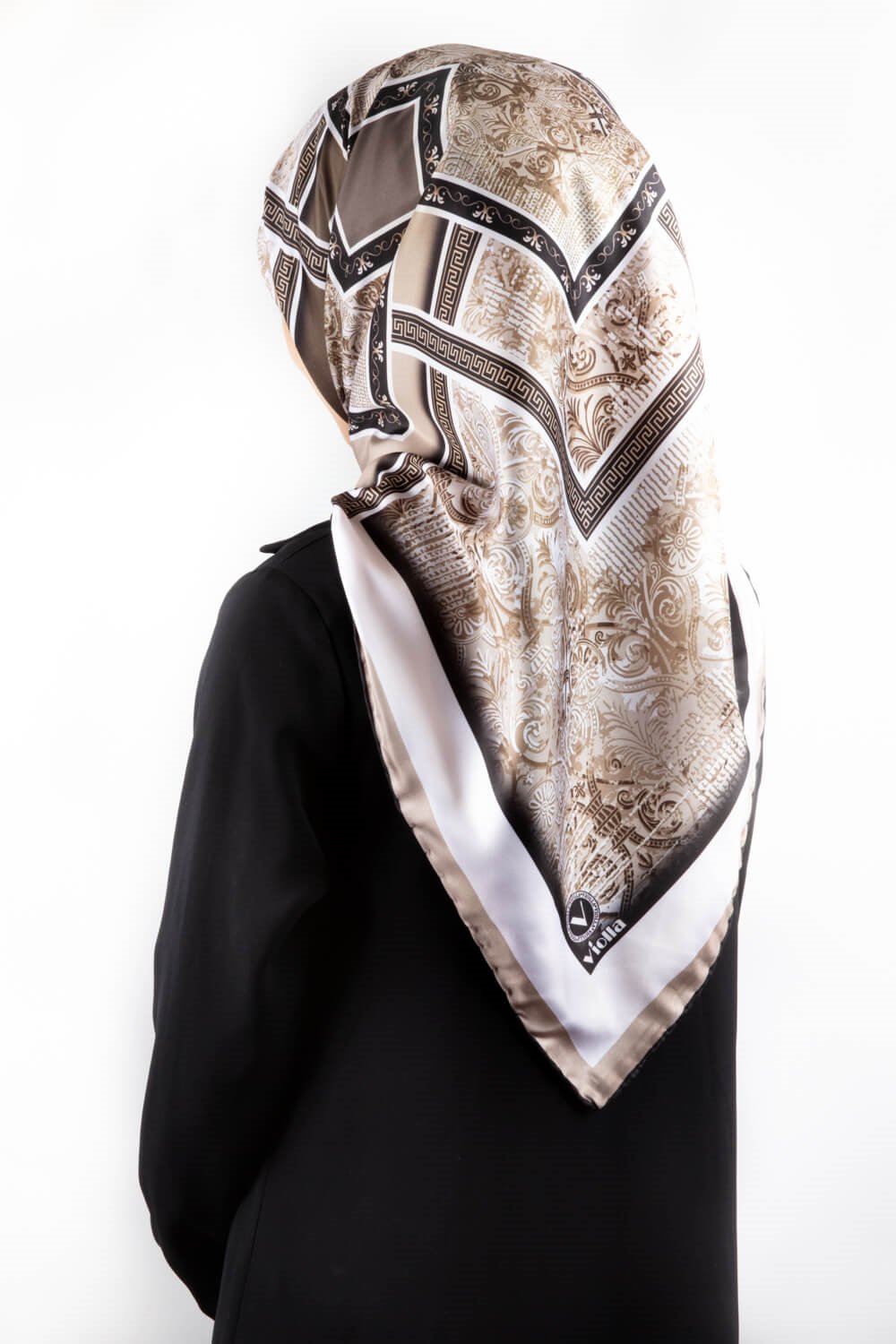 Twill Geometrik Desenli Bej Renkli 90x90 Eşarp (İpek İçermez) Kenar Dikiş Şekli El Dikişli