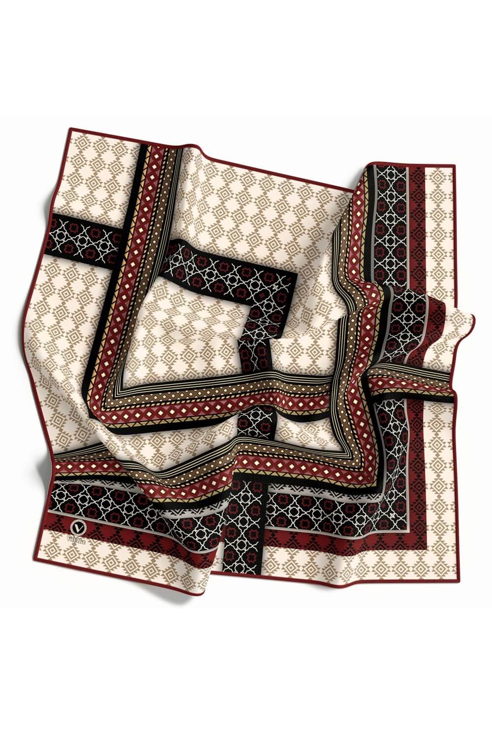 Twill Etnik Desenli Bordo Renkli 90x90 Eşarp (İpek İçermez) Kenar Dikiş Şekli El Dikişli
