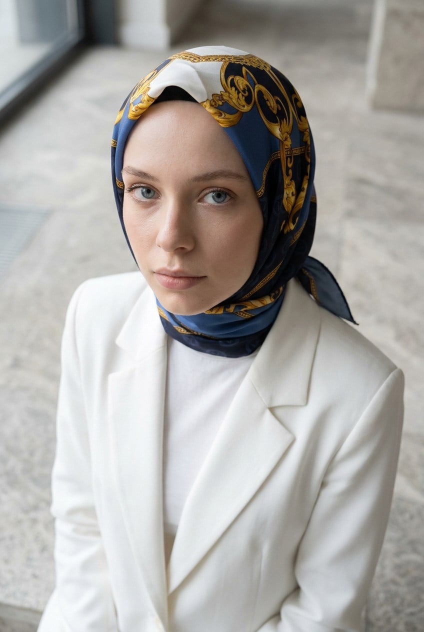 %100 Twill İpek Monogram Ve Barok Desenli Lacivert - İndigo  Renkli 90x90 Eşarp Dikim Şekli : El Dikişi