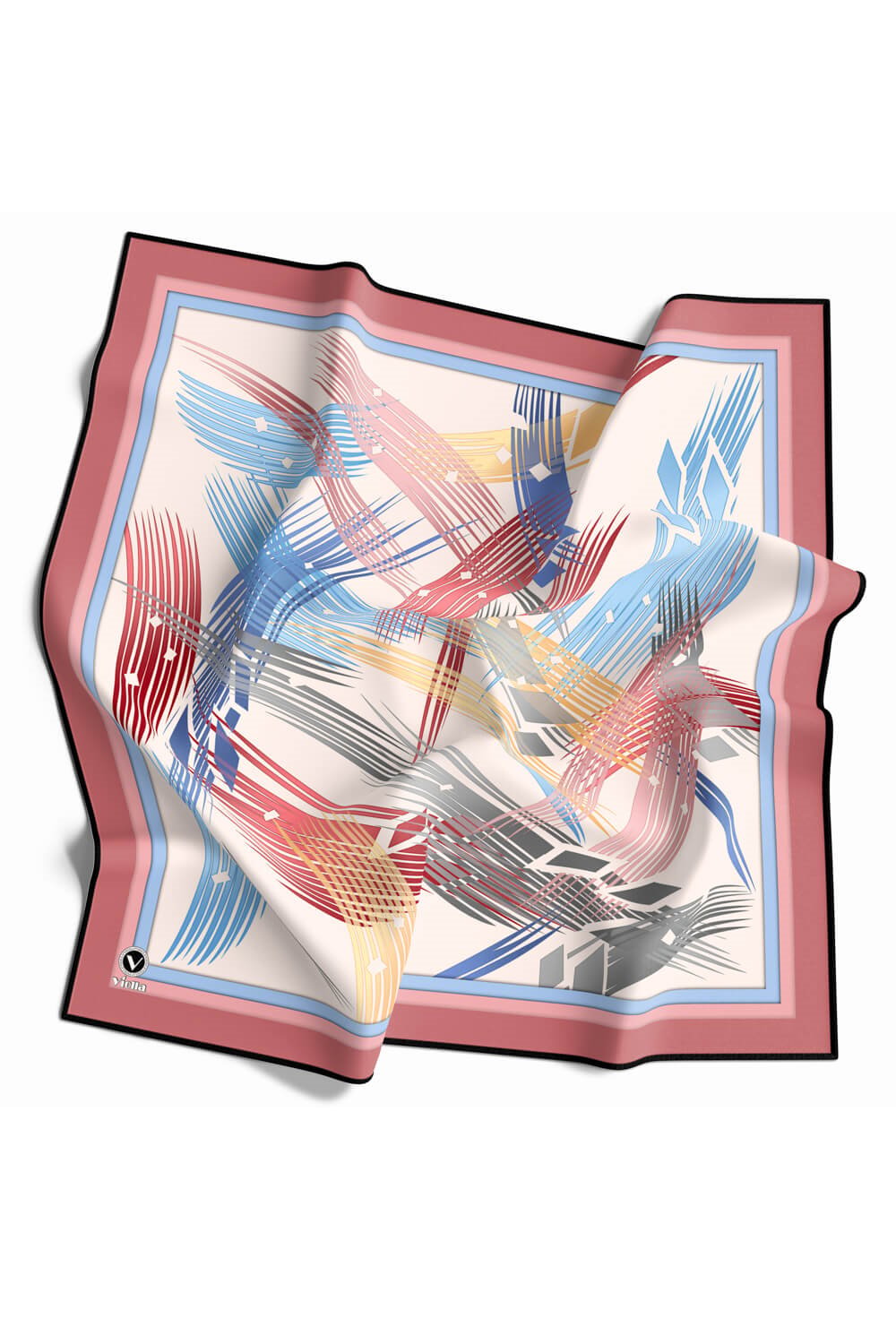 Twill Geometrik Desenli Pudra Renkli 90x90 Eşarp (İpek İçermez) Kenar Dikiş Şekli El Dikişli