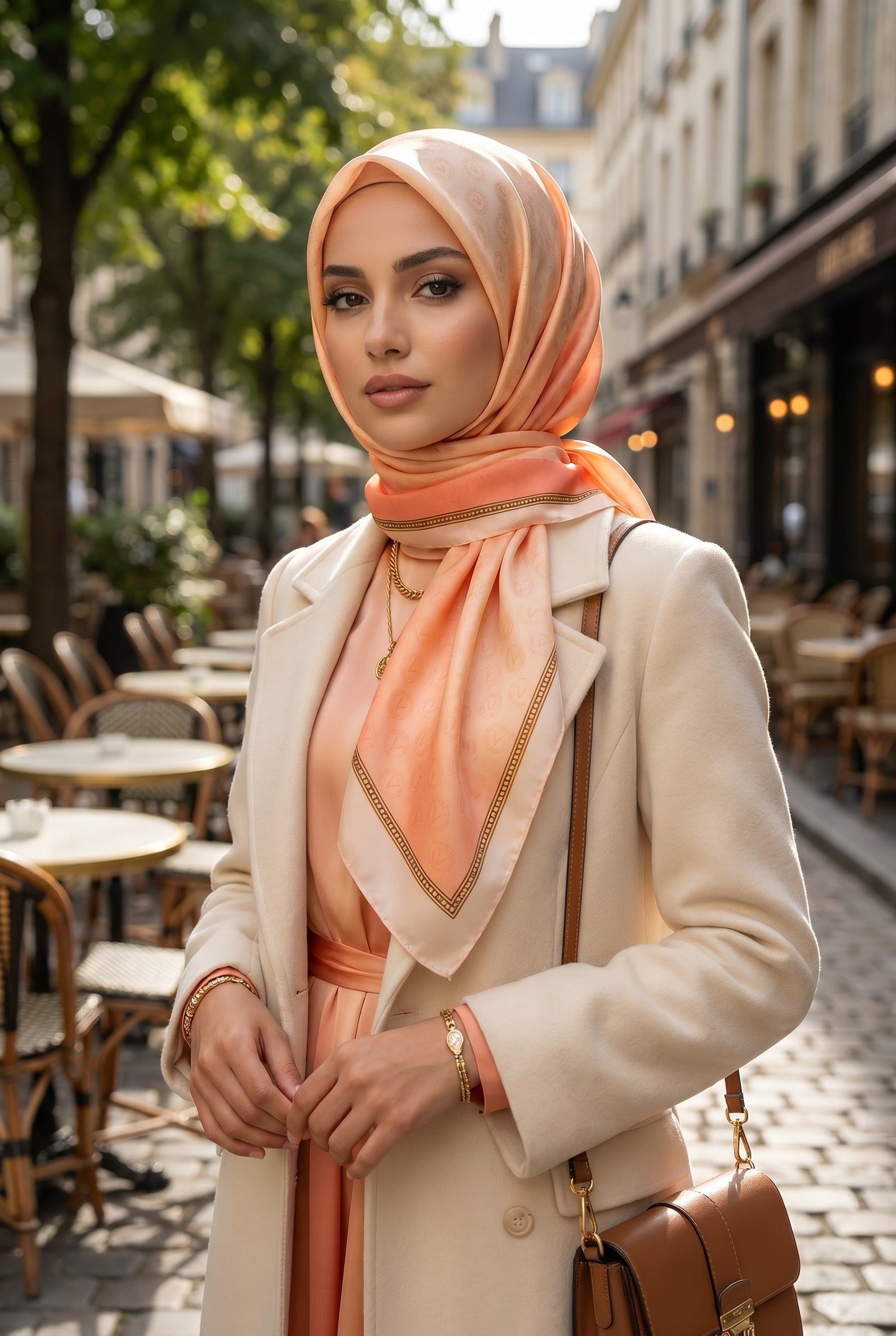 %100 İpek Degradeli Ve Monogram Desenli Somon - Gold Renkli 92x210 Şal