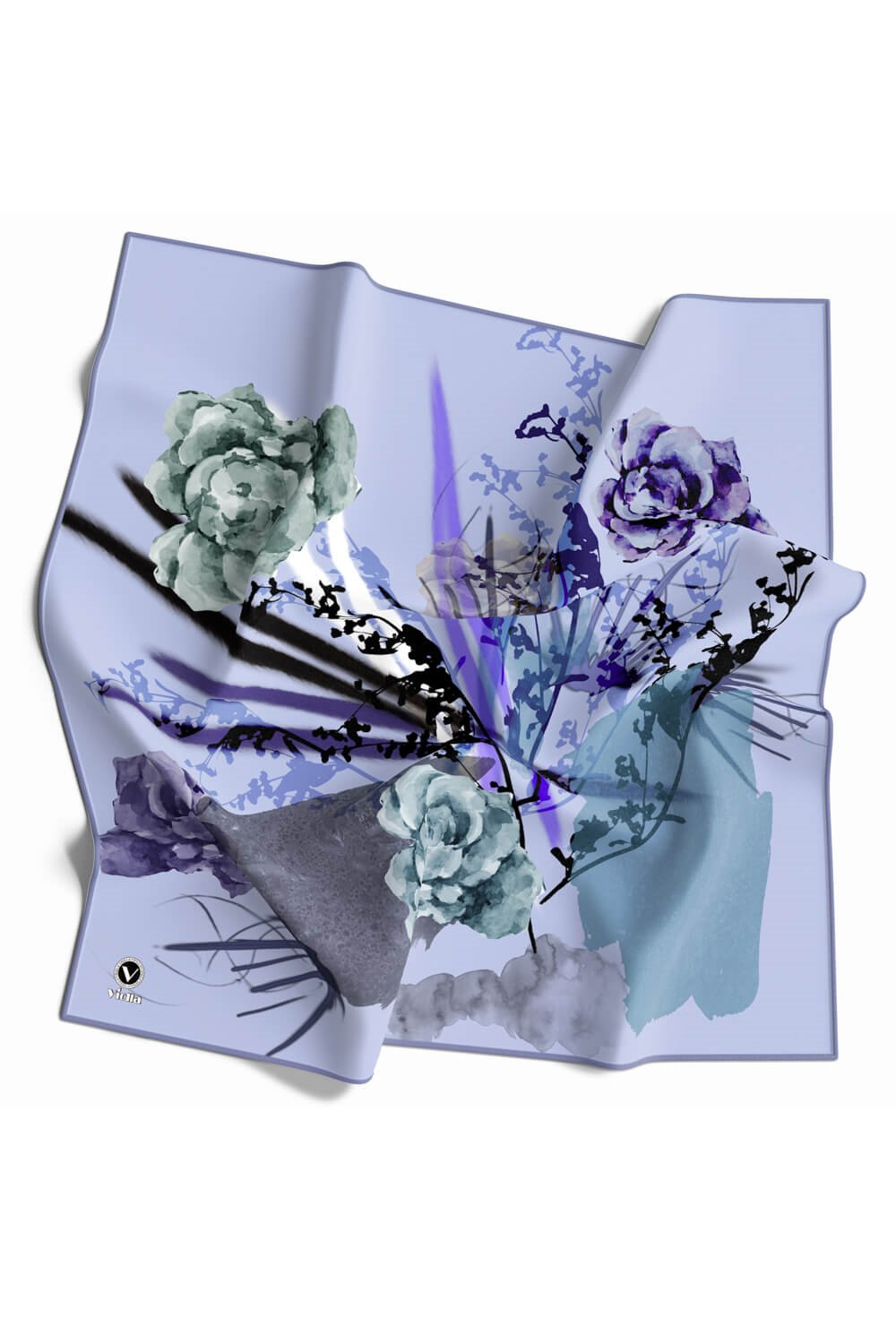 Twill Çiçek Desenli Bebe Mavisi Renkli 90x90 Eşarp (İpek İçermez) Dikim Şekli : El Dikişi