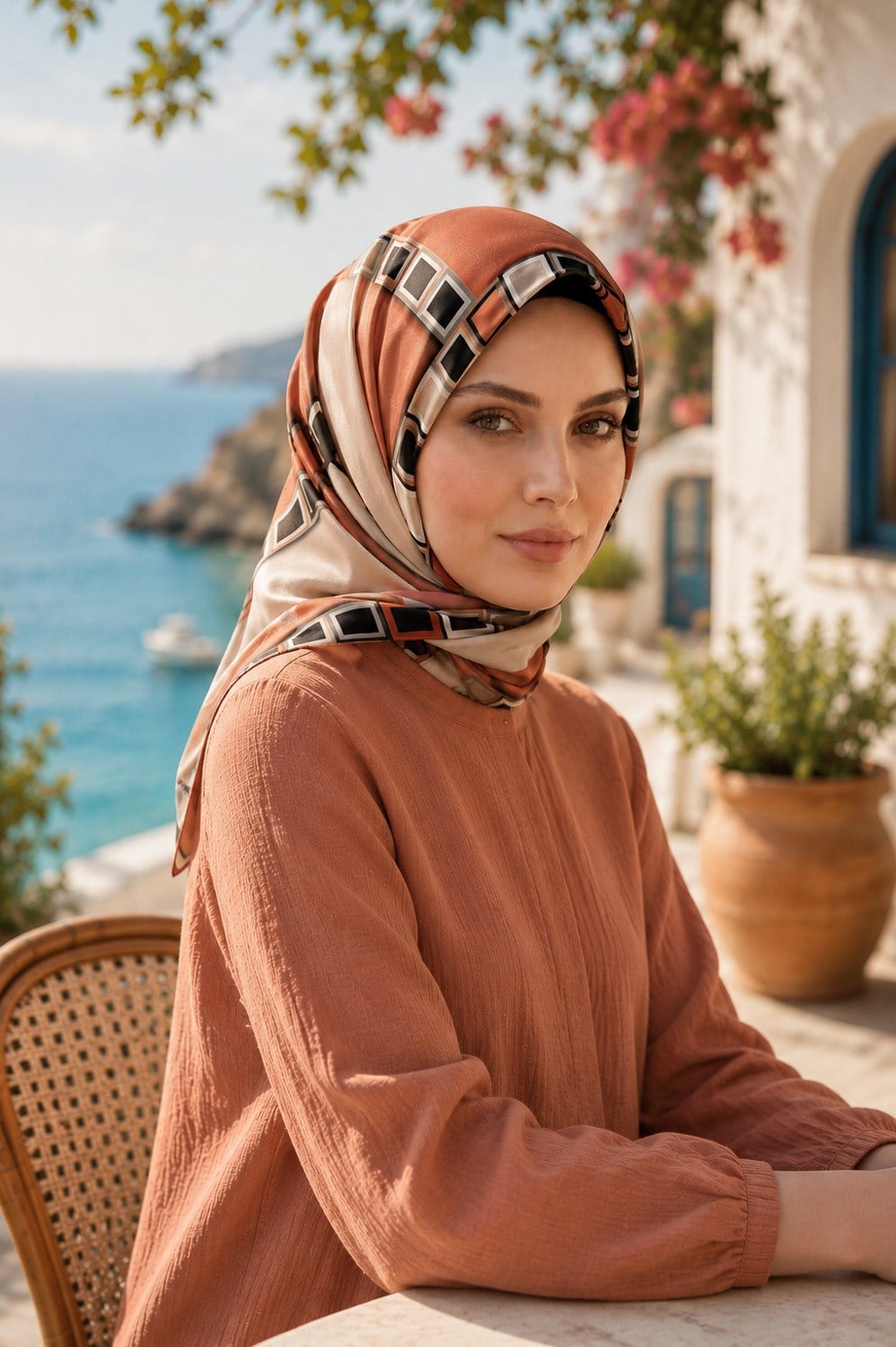 %100 Twill İpek Geometrik Desenli Taba - Krem Renkli 90x90 Eşarp Dikim Şekli : El Dikişi