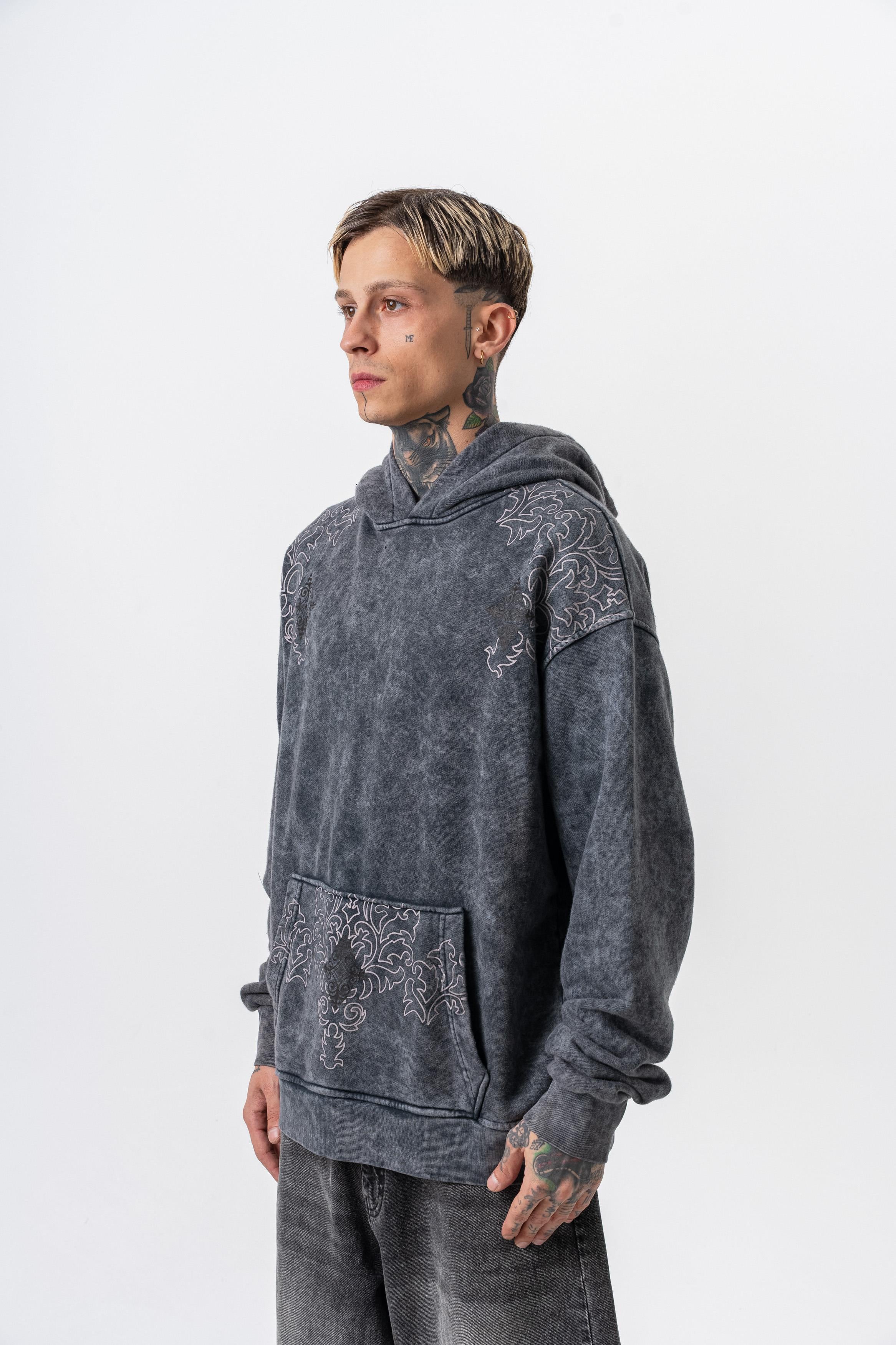 Erkek 10 Baskılı Yıkamalı Kapüşonlu Oversize Hoodie Siyah