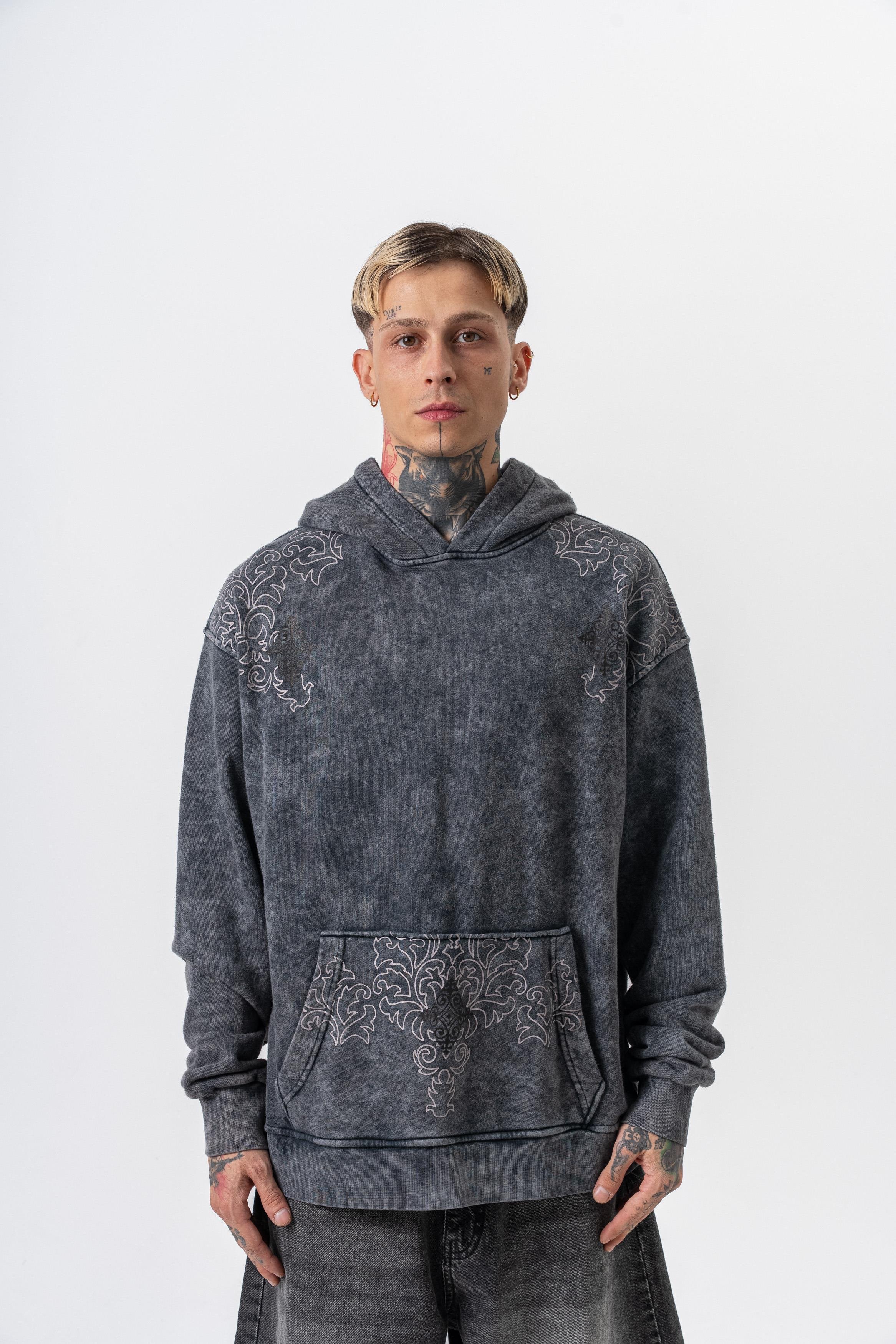 Erkek 10 Baskılı Yıkamalı Kapüşonlu Oversize Hoodie Siyah