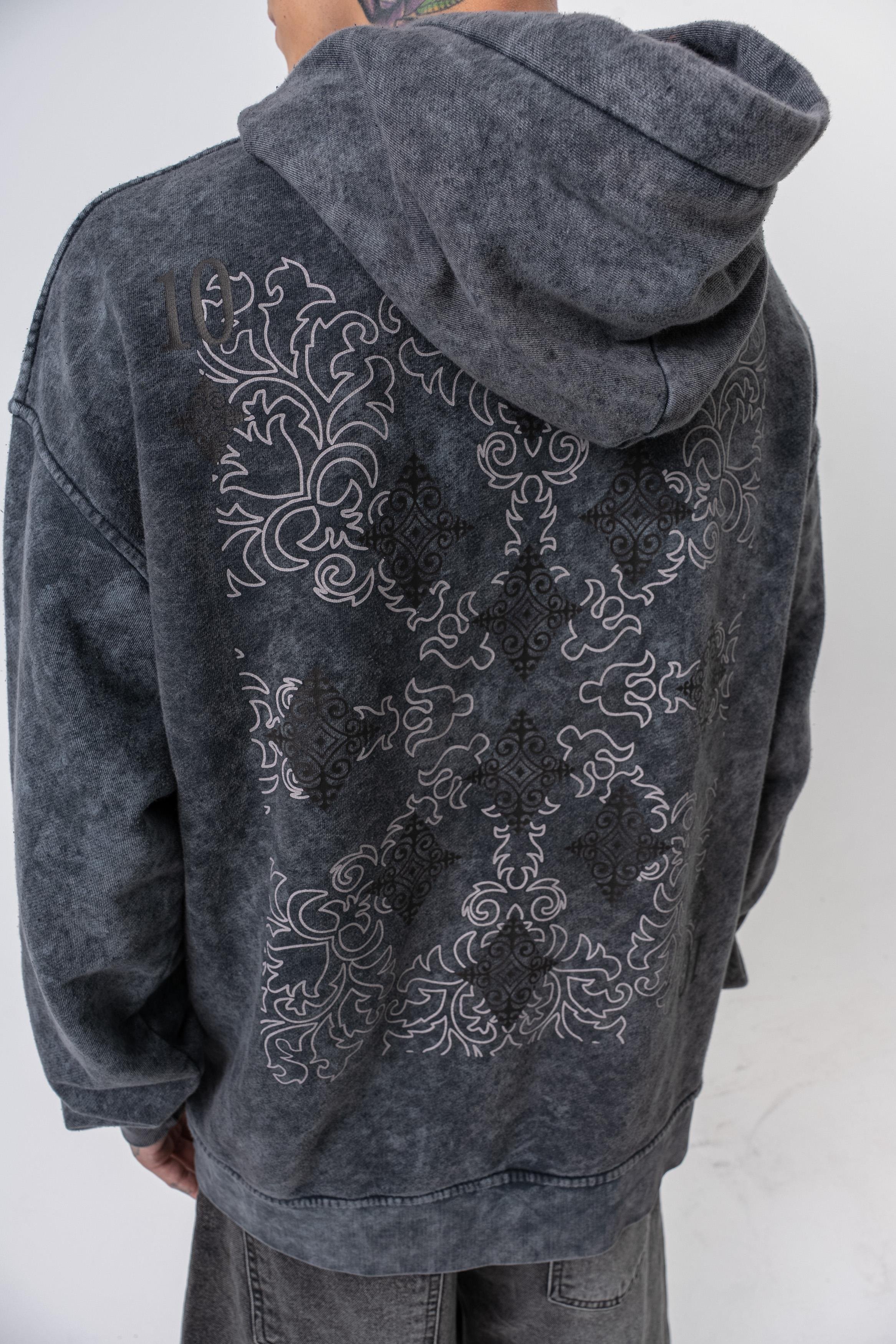 Erkek 10 Baskılı Yıkamalı Kapüşonlu Oversize Hoodie Siyah