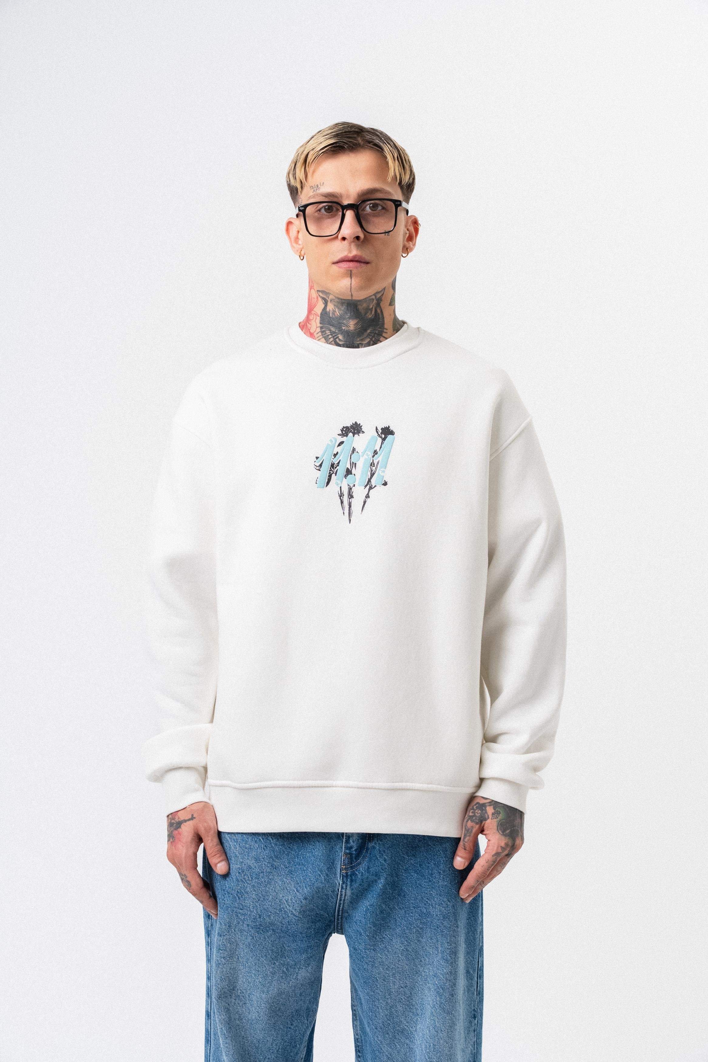 Erkek 11.11 Baskılı Bisiklet Yaka Oversize Sweatshirt Ekru