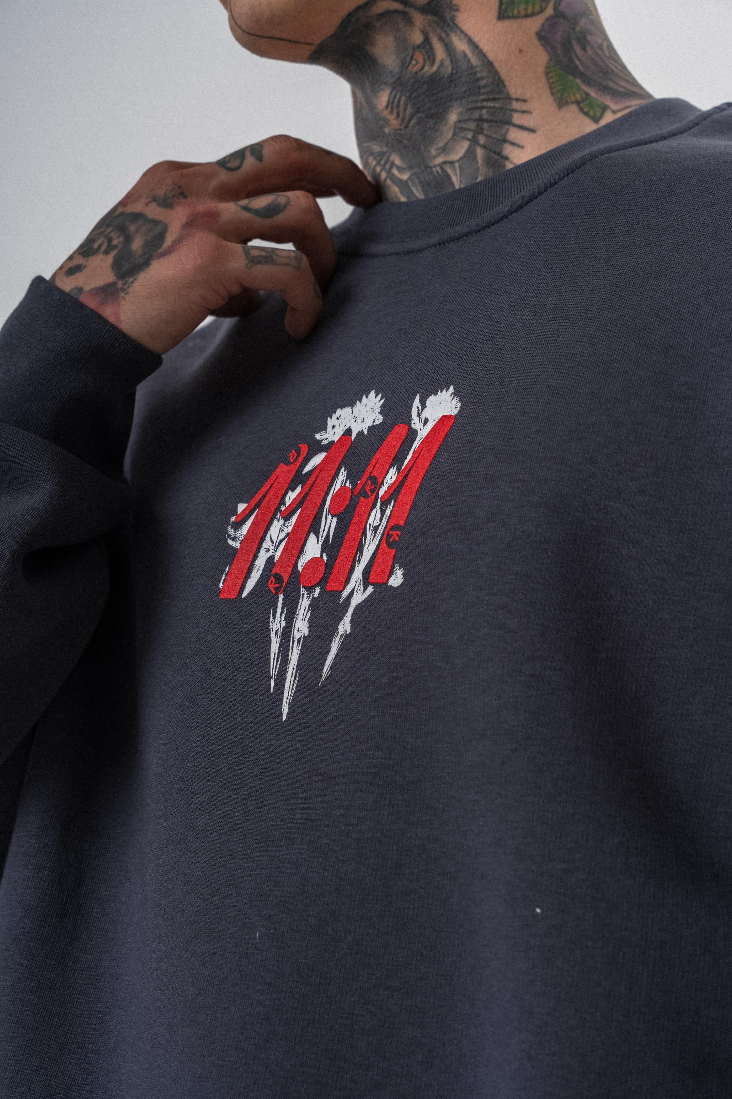 Erkek 11.11 Baskılı Bisiklet Yaka Oversize Sweatshirt Füme