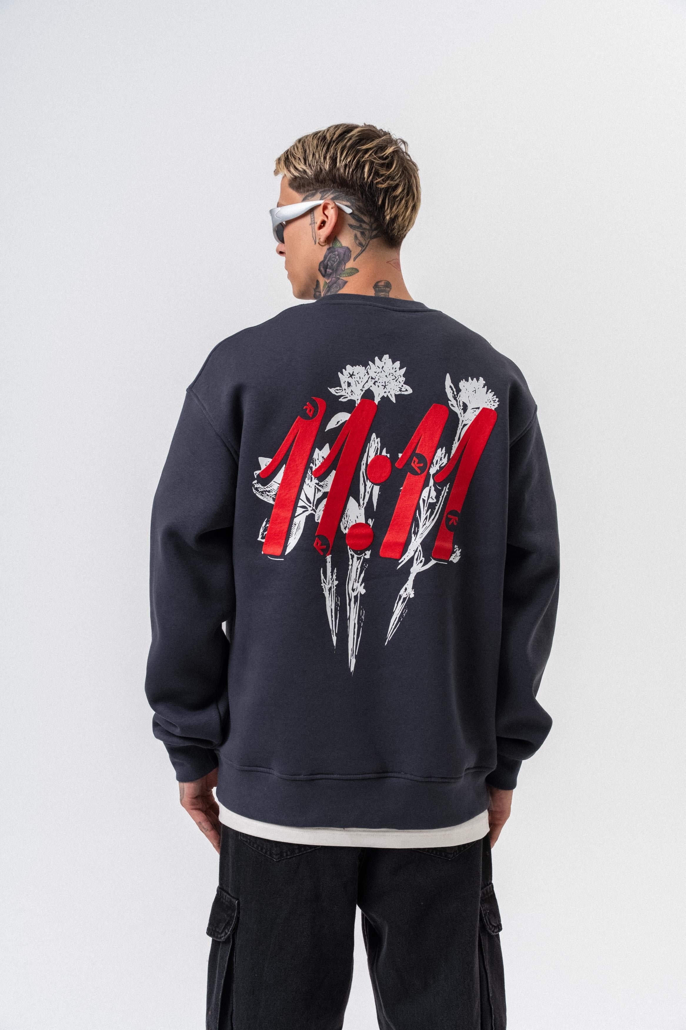 Erkek 11.11 Baskılı Bisiklet Yaka Oversize Sweatshirt Füme
