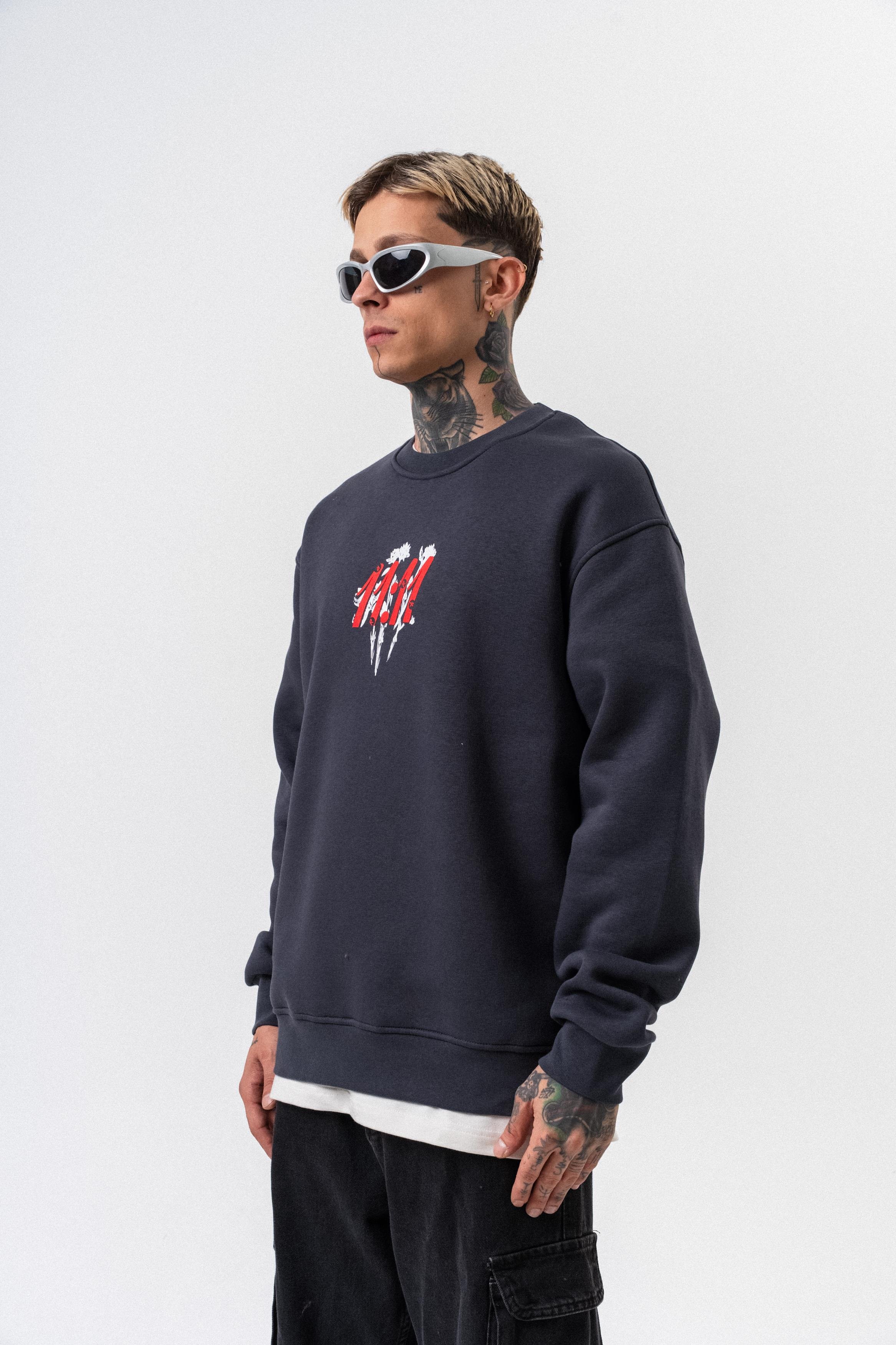 Erkek 11.11 Baskılı Bisiklet Yaka Oversize Sweatshirt Füme