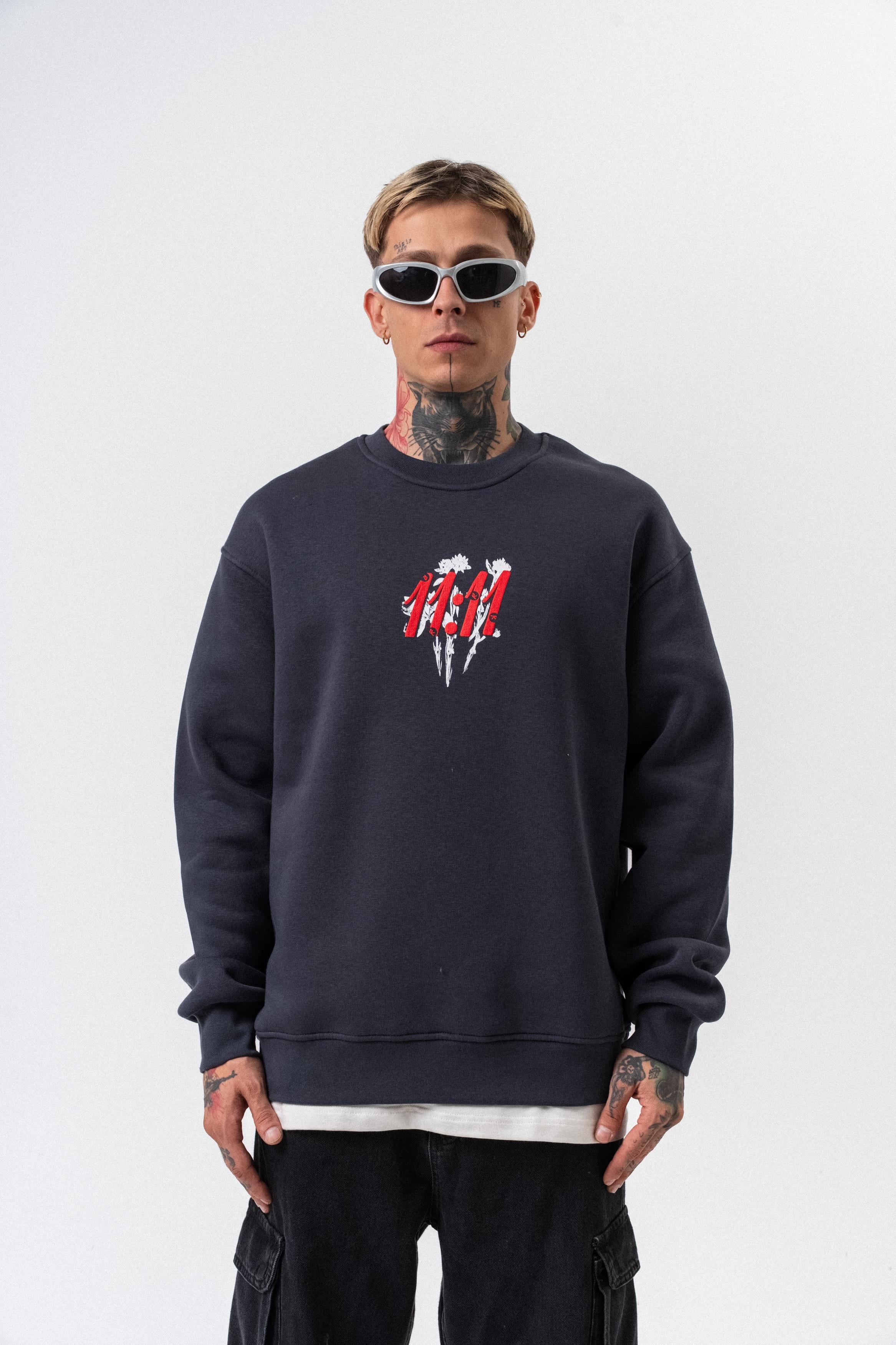 Erkek 11.11 Baskılı Bisiklet Yaka Oversize Sweatshirt Füme
