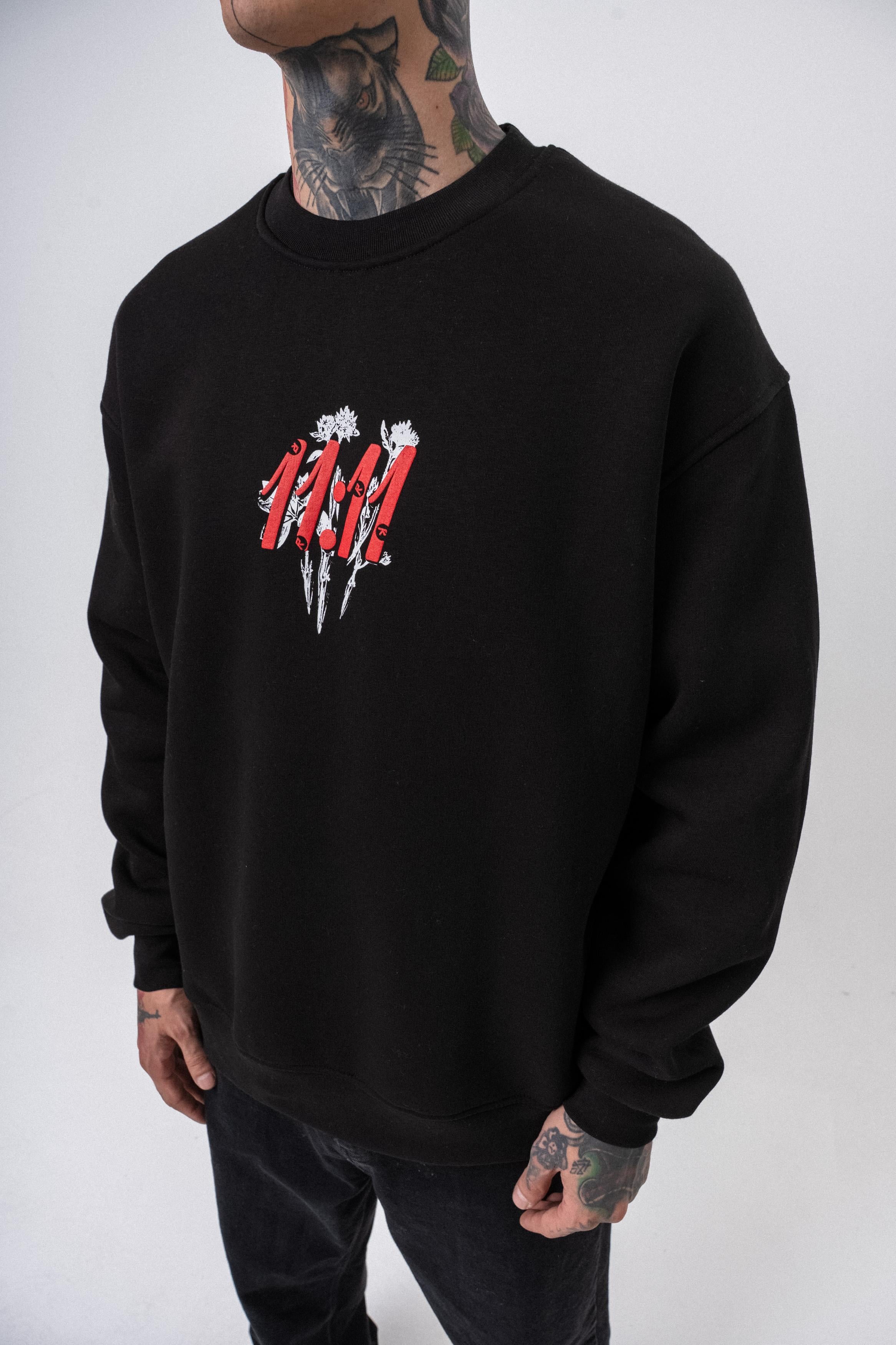 Erkek 11.11 Baskılı Bisiklet Yaka Oversize Sweatshirt Siyah