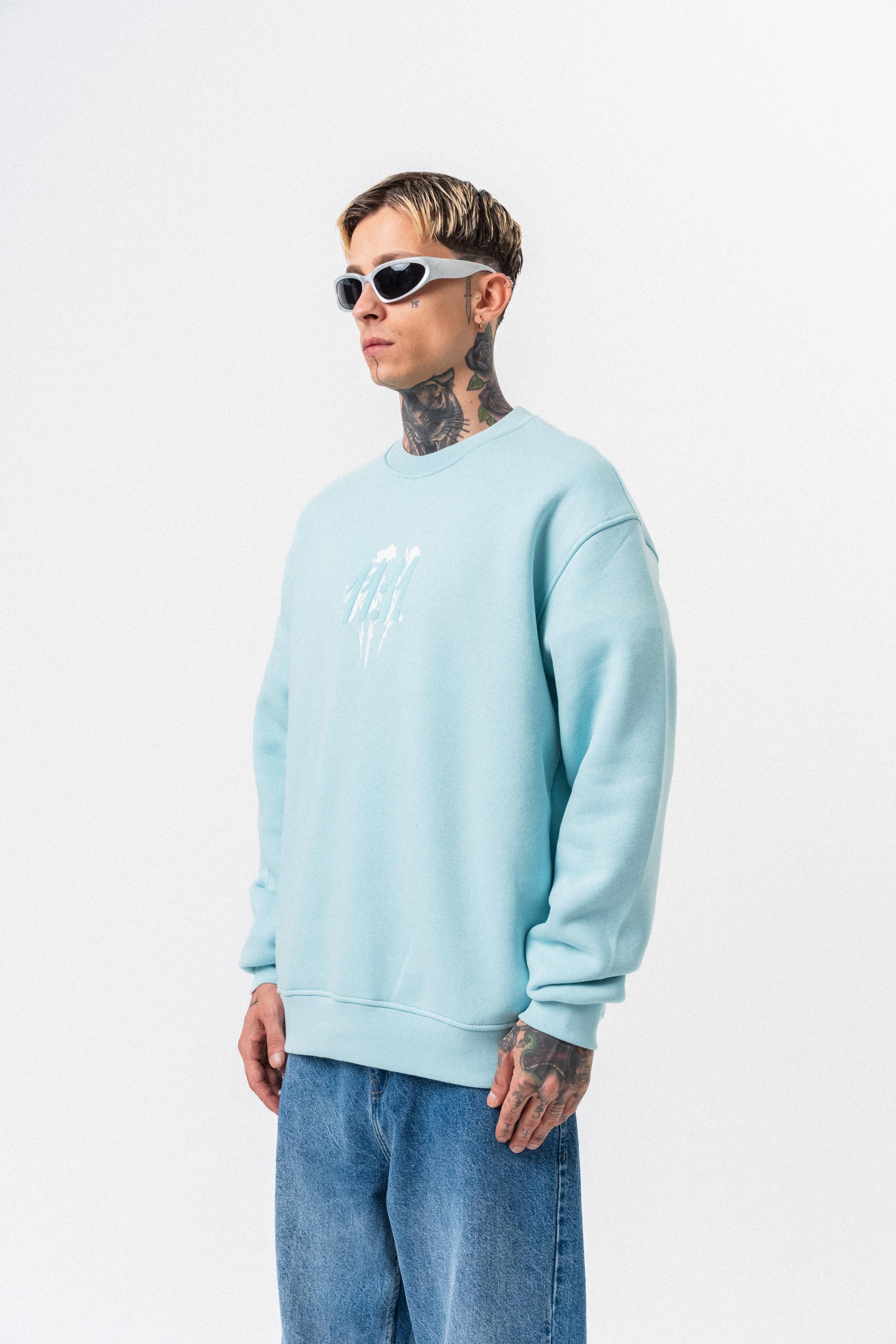 Erkek 11.11 Baskılı Bisiklet Yaka Oversize Sweatshirt Bebe Mavi