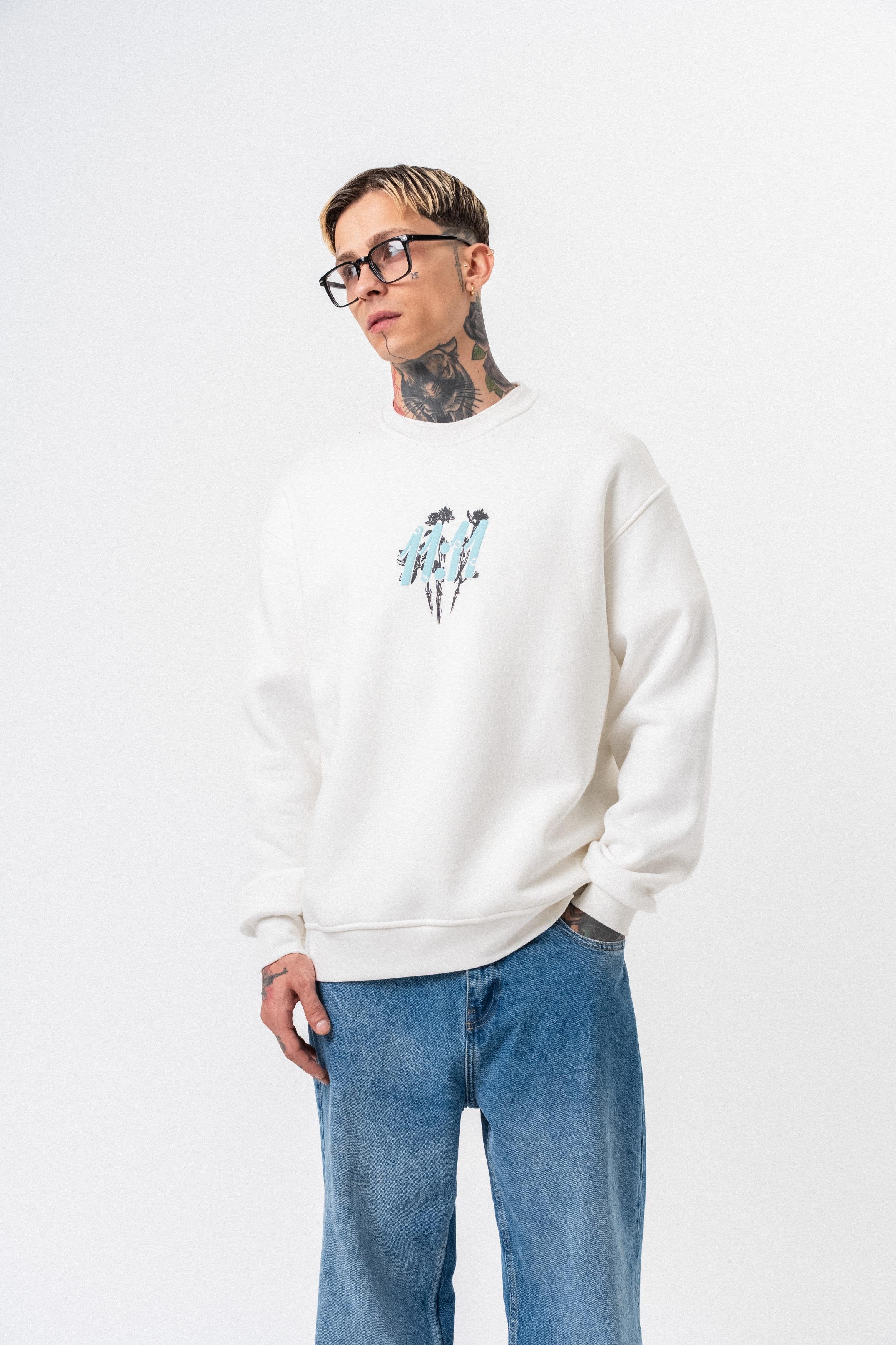 Erkek 11.11 Baskılı Bisiklet Yaka Oversize Sweatshirt Ekru