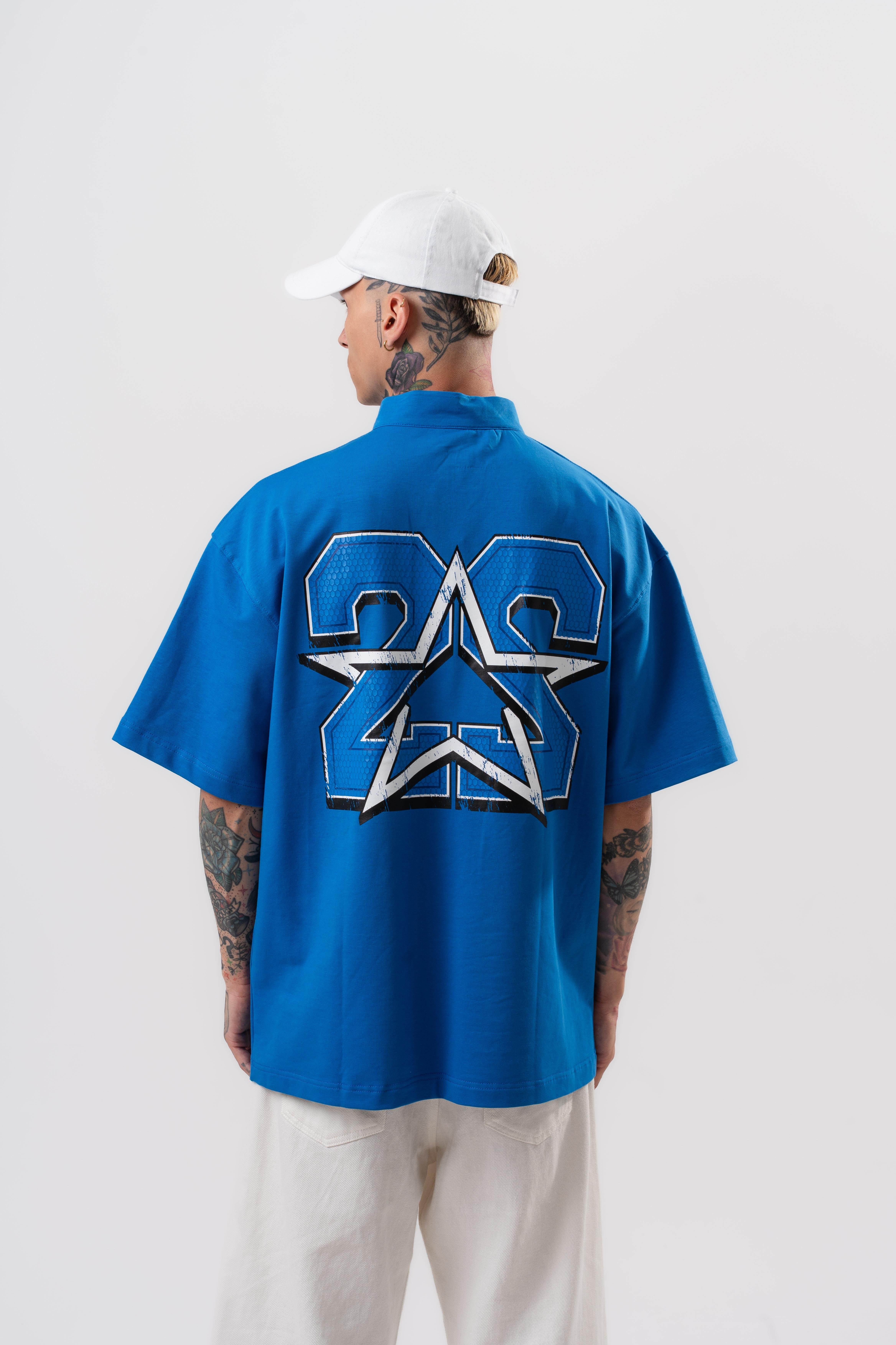 Erkek 22 Baskılı Yarım Fermuarlı Oversize T-Shirt Mavi