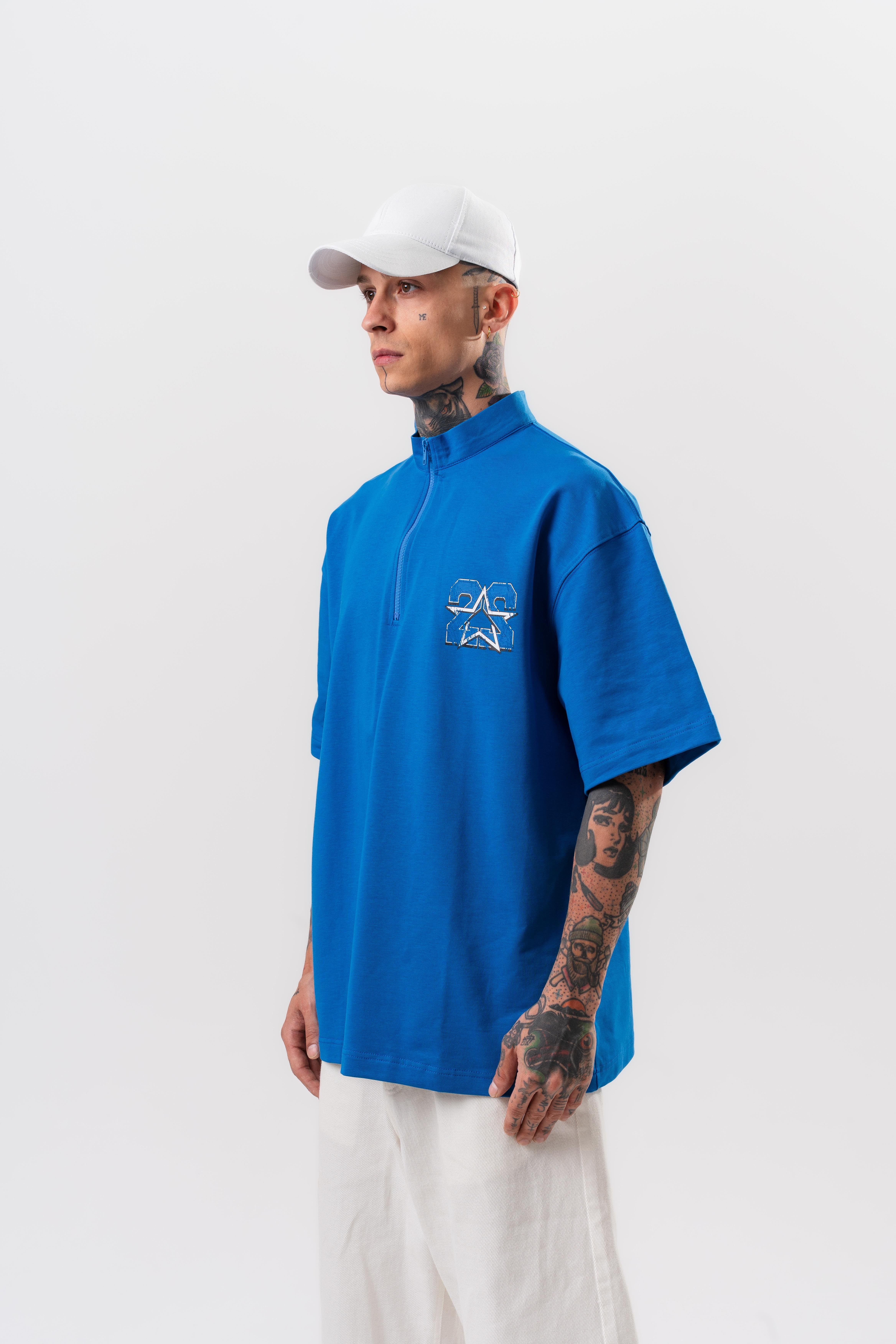 Erkek 22 Baskılı Yarım Fermuarlı Oversize T-Shirt Mavi