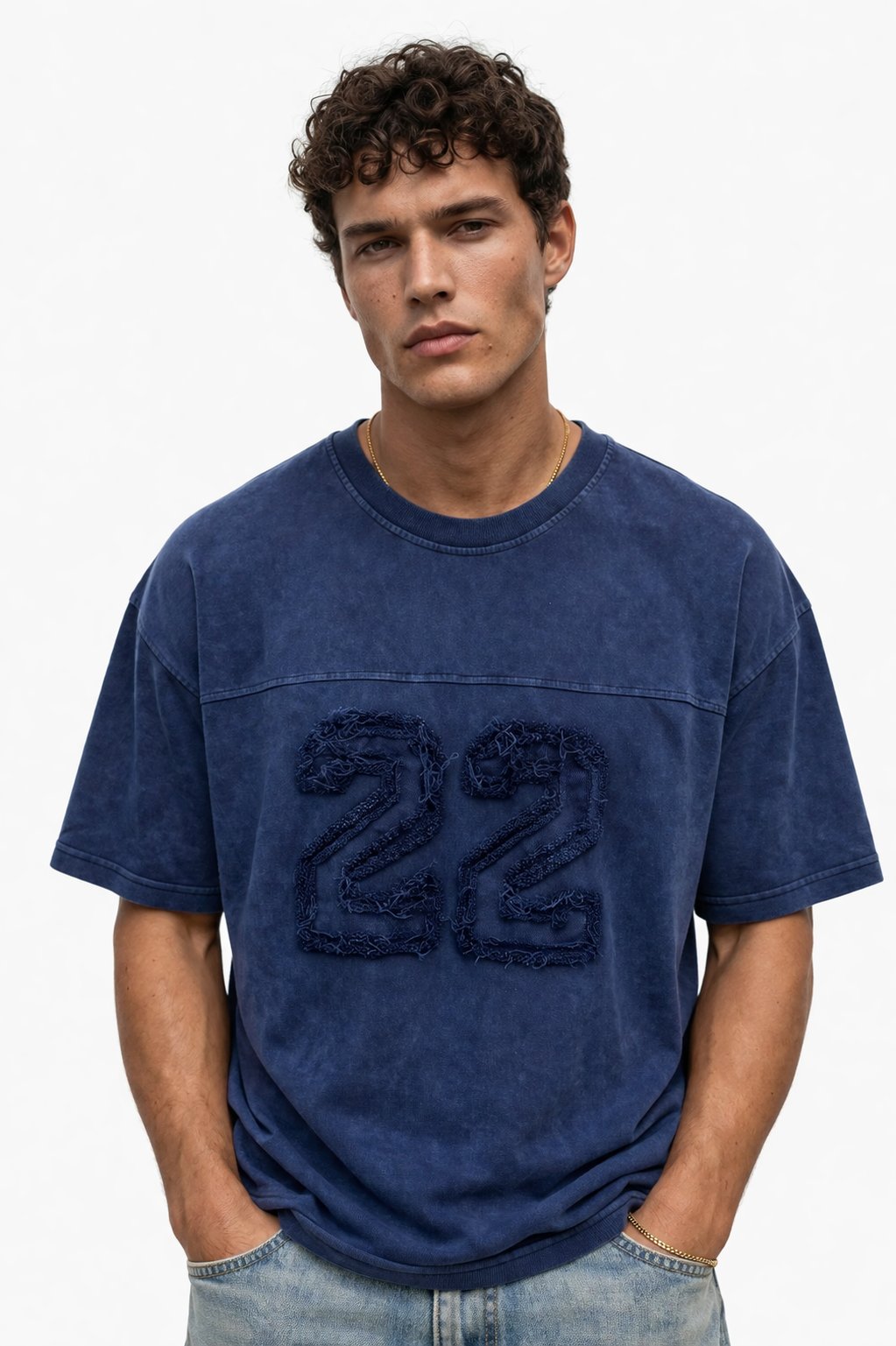 Erkek 22 Nakışlı Yıkamalı Oversize T-Shirt Lacivert