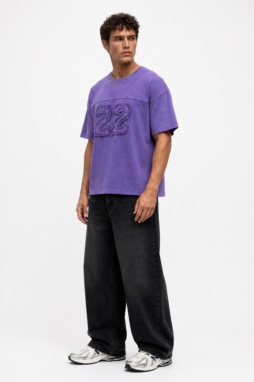Erkek 22 Nakışlı Yıkamalı Oversize T-Shirt Mor