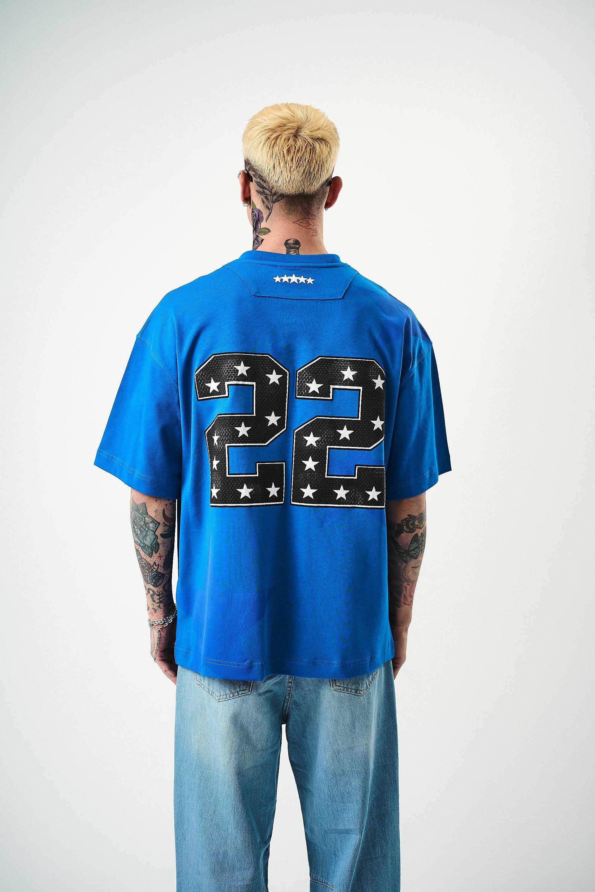 Erkek 22 Starz Baskılı Oversize T-Shirt Mavi