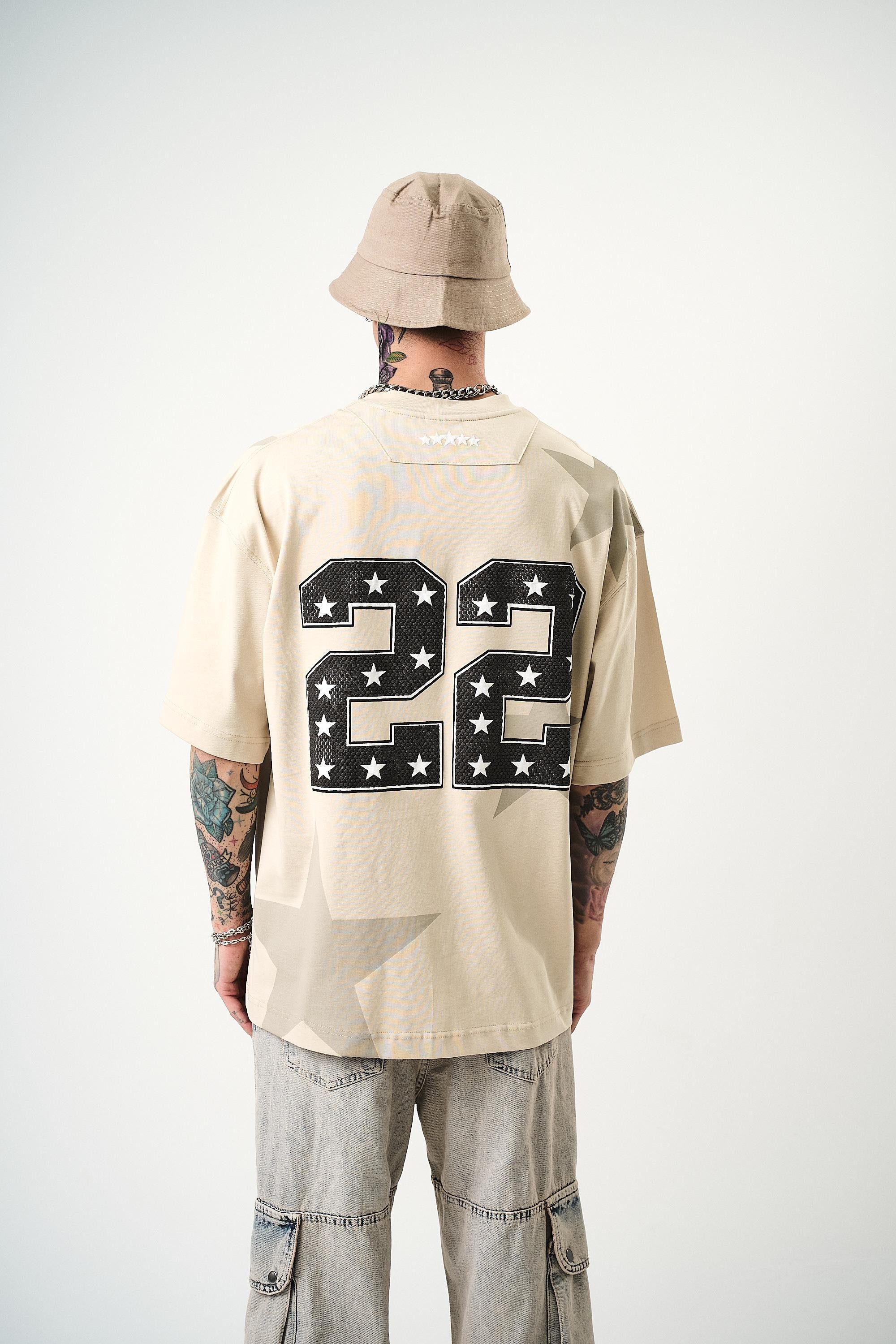 Erkek 22 Starz Baskılı Oversize T-Shirt Bej