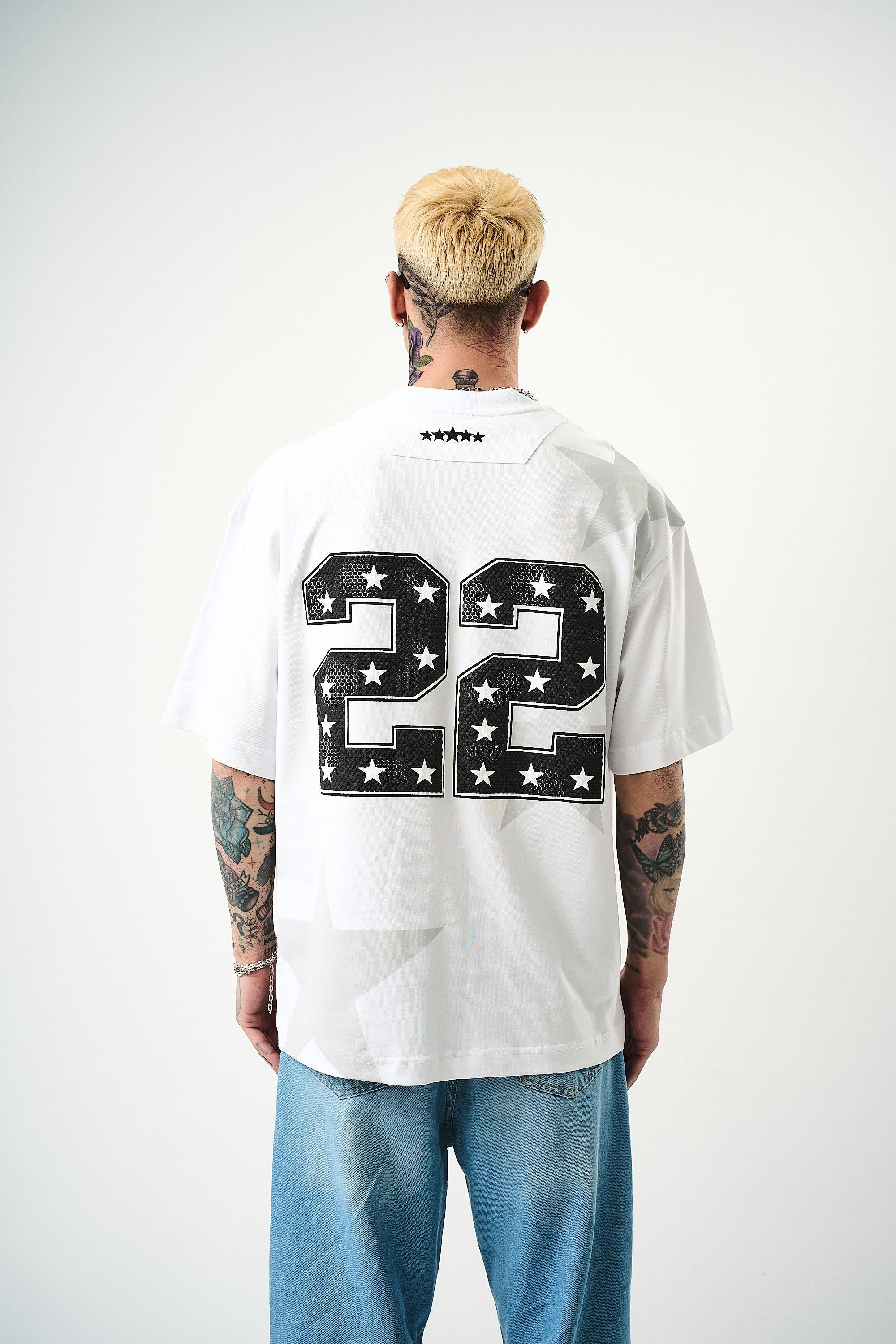 Erkek 22 Starz Baskılı Oversize T-Shirt Beyaz