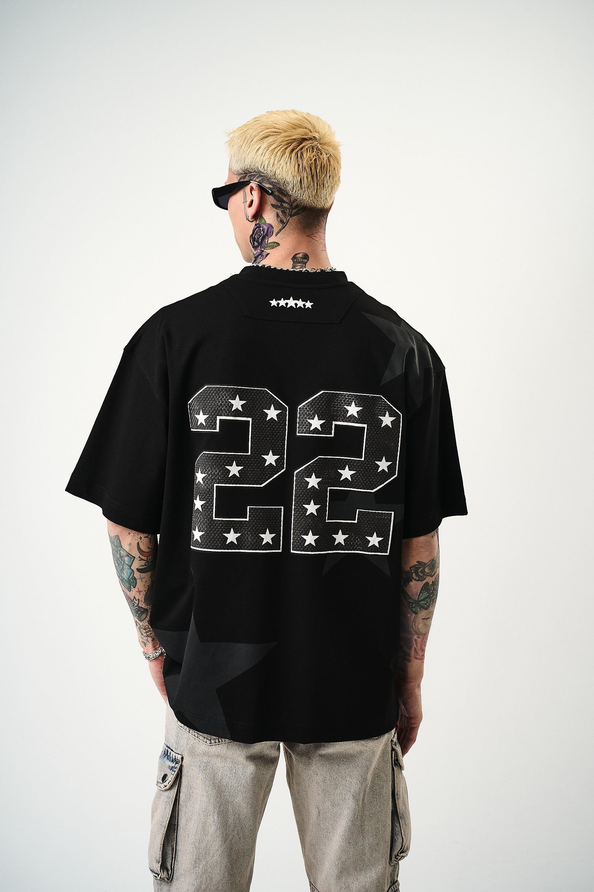 Erkek 22 Starz Baskılı Oversize T-Shirt Siyah