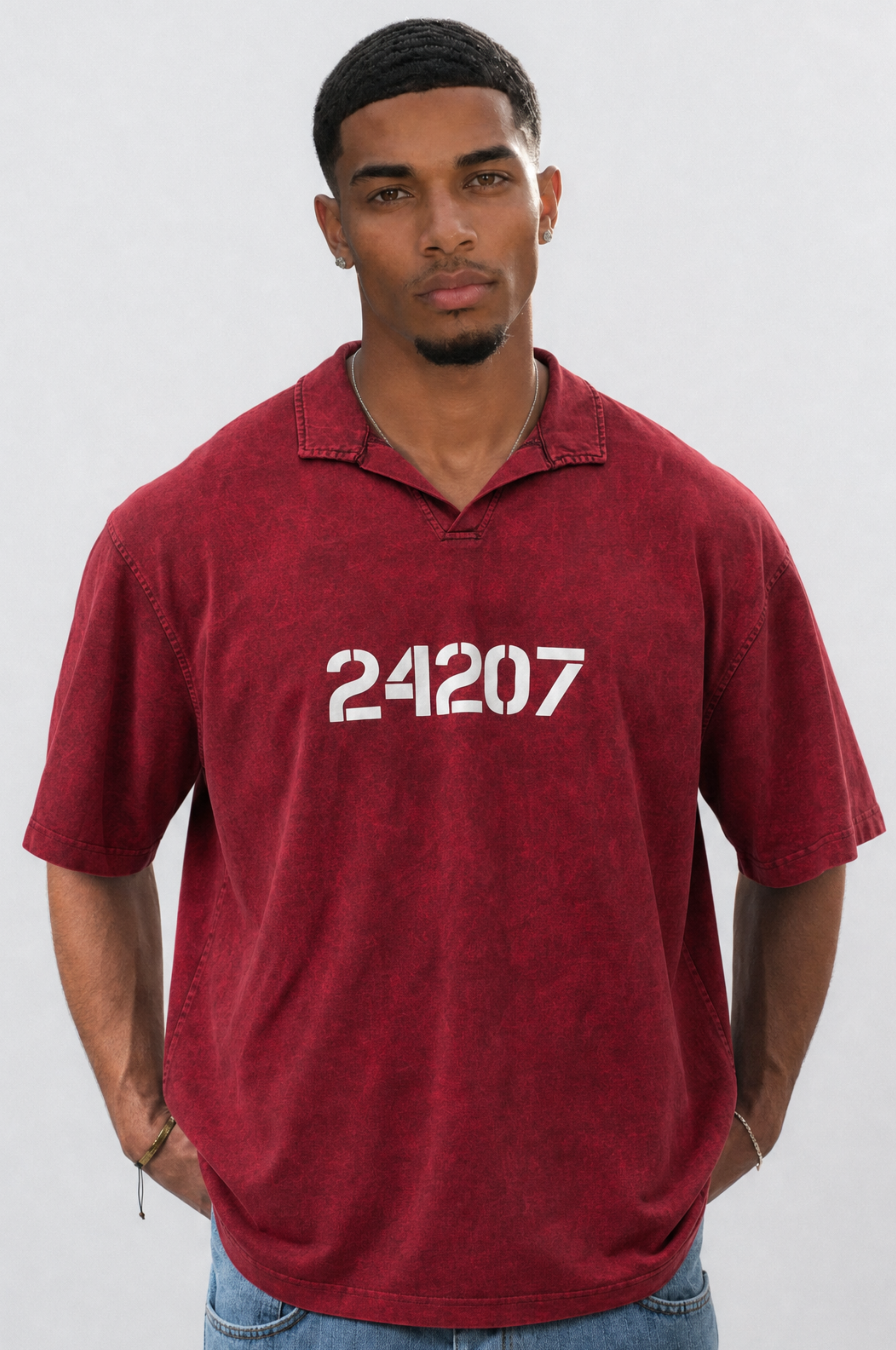 Erkek 24207 Baskılı Yıkamalı Oversize T-Shirt Bordo