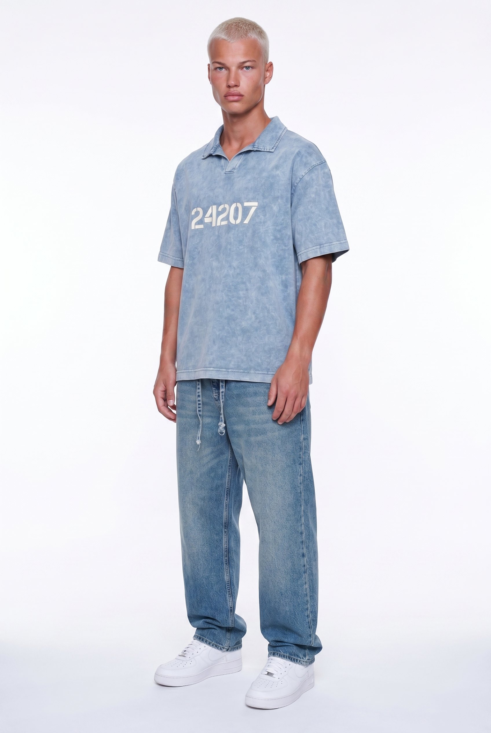 Erkek 24207 Baskılı Yıkamalı Oversize T-Shirt Mavi