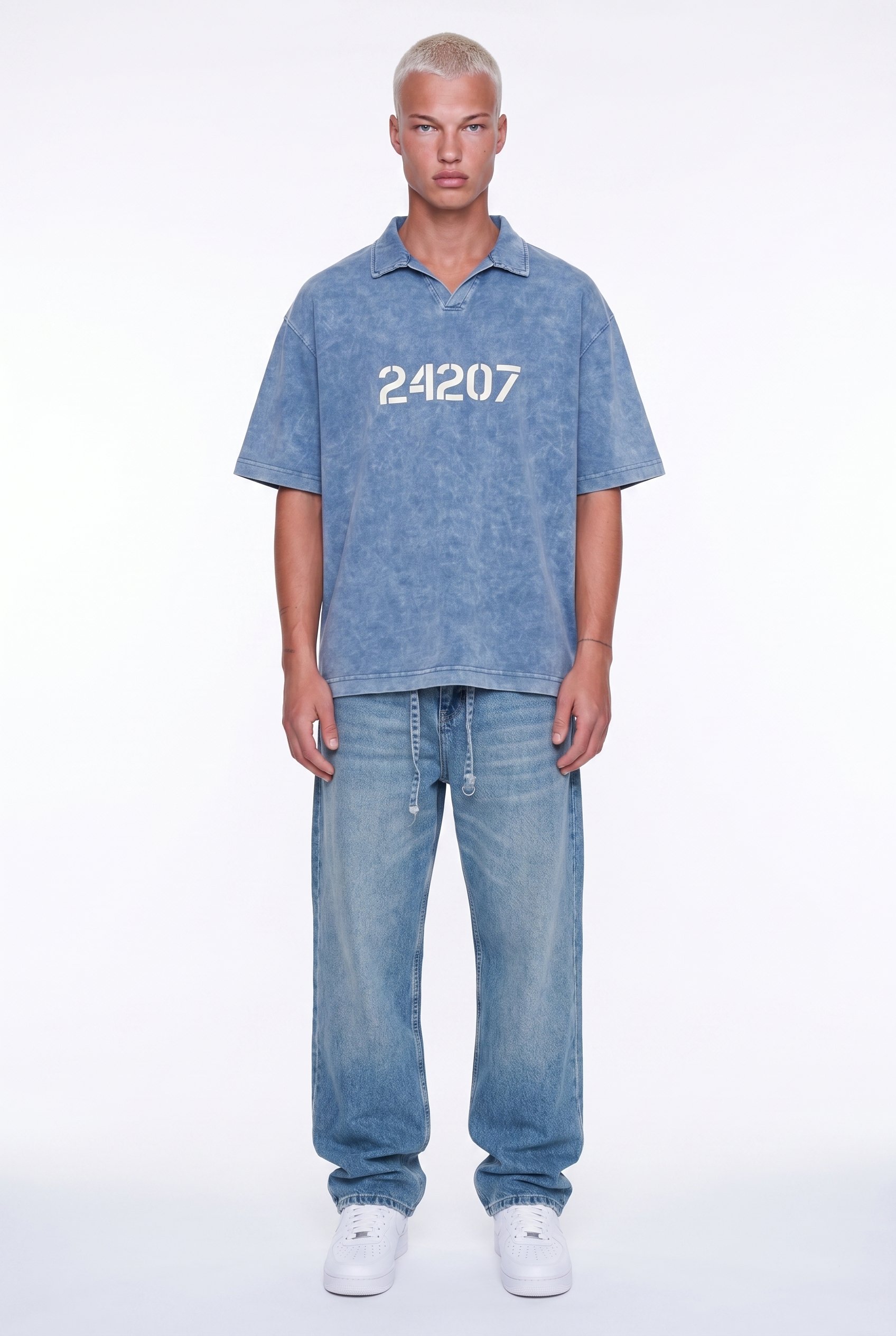 Erkek 24207 Baskılı Yıkamalı Oversize T-Shirt Mavi