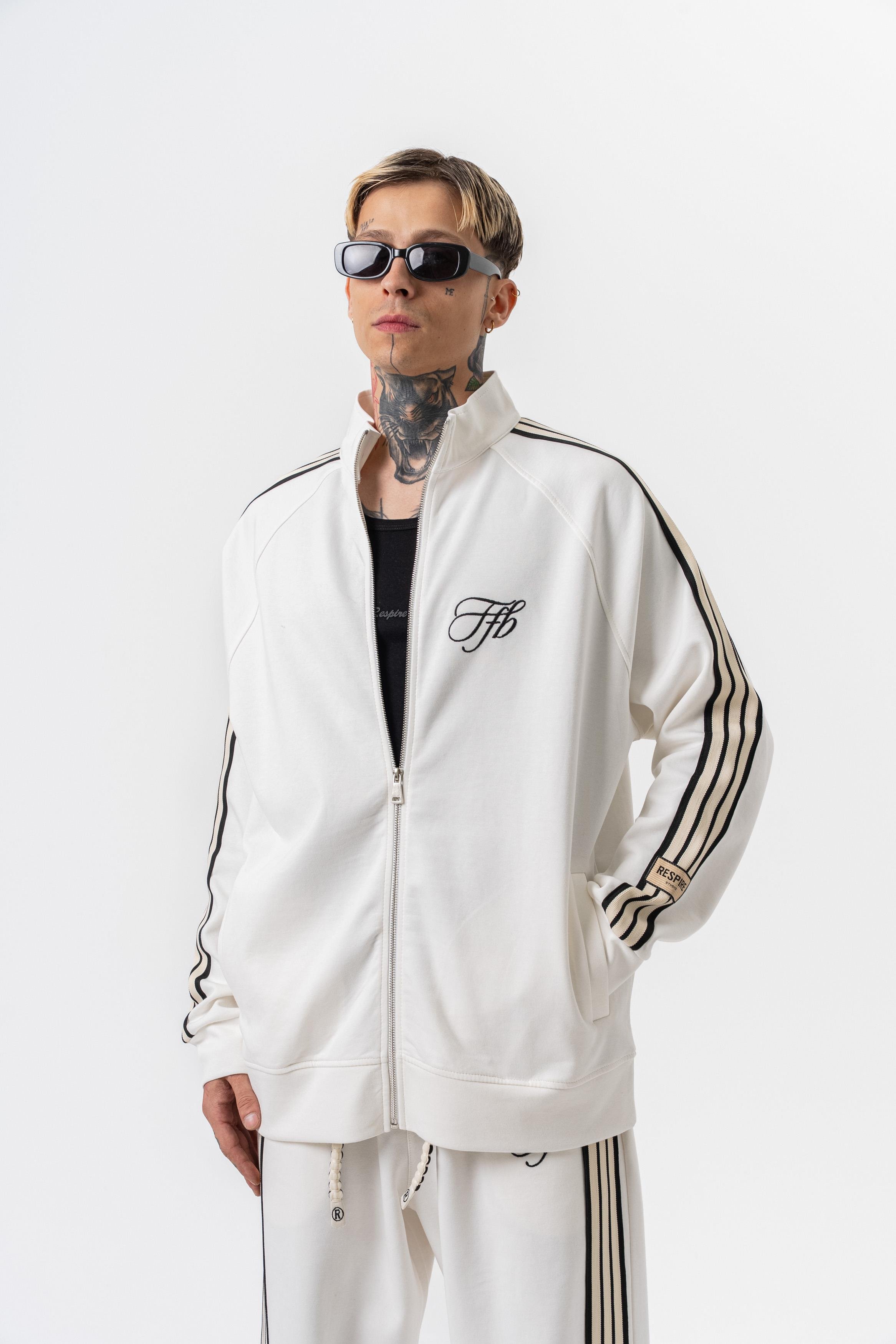 Erkek 3'lü Şerit Detaylı Dik Yaka Doubleface Zip Oversize Sweatshirt Ekru
