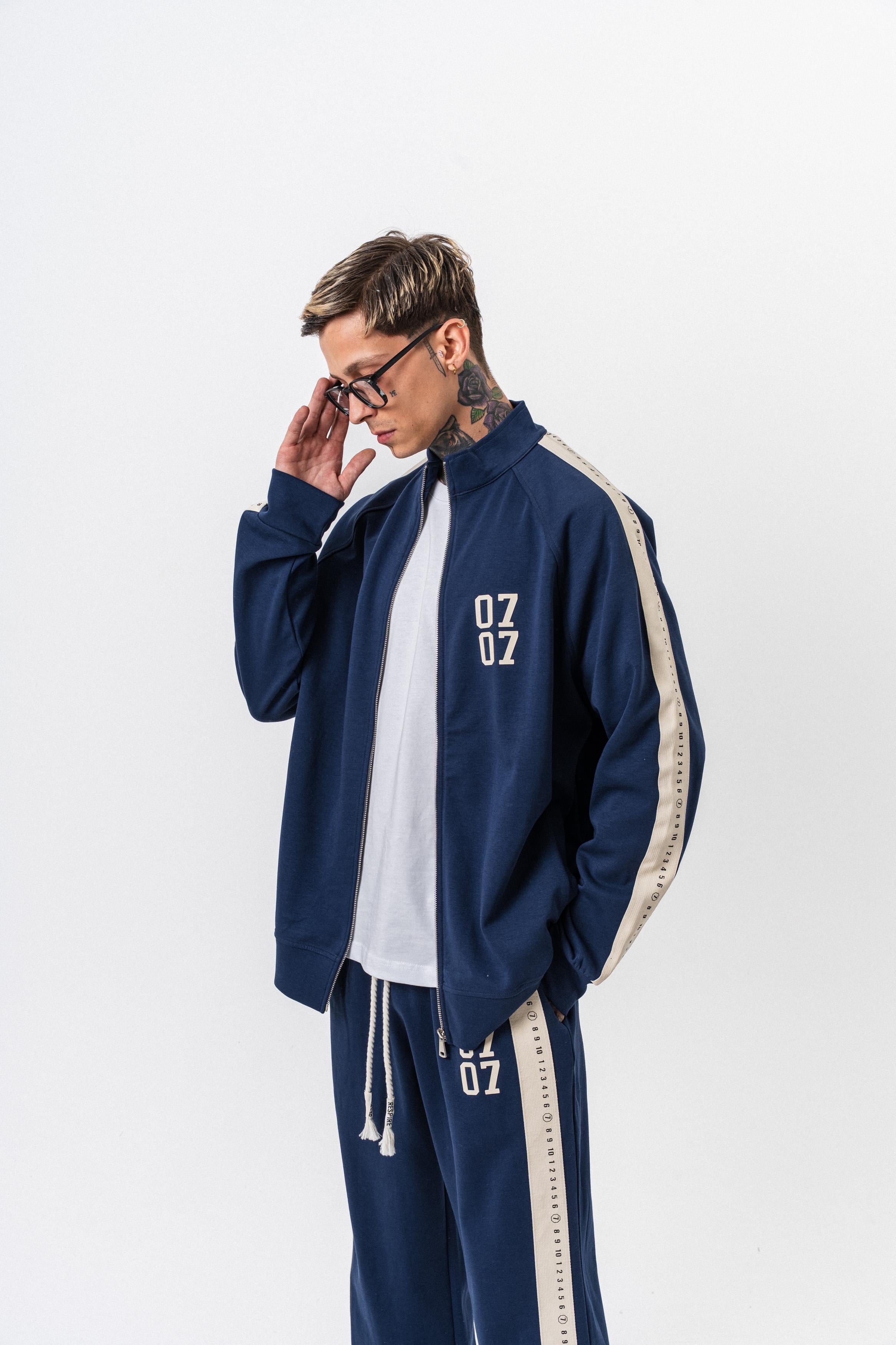 Erkek 7 Şerit Detaylı Dik Yaka Doubleface Zip Oversize Sweatshirt Lacivert