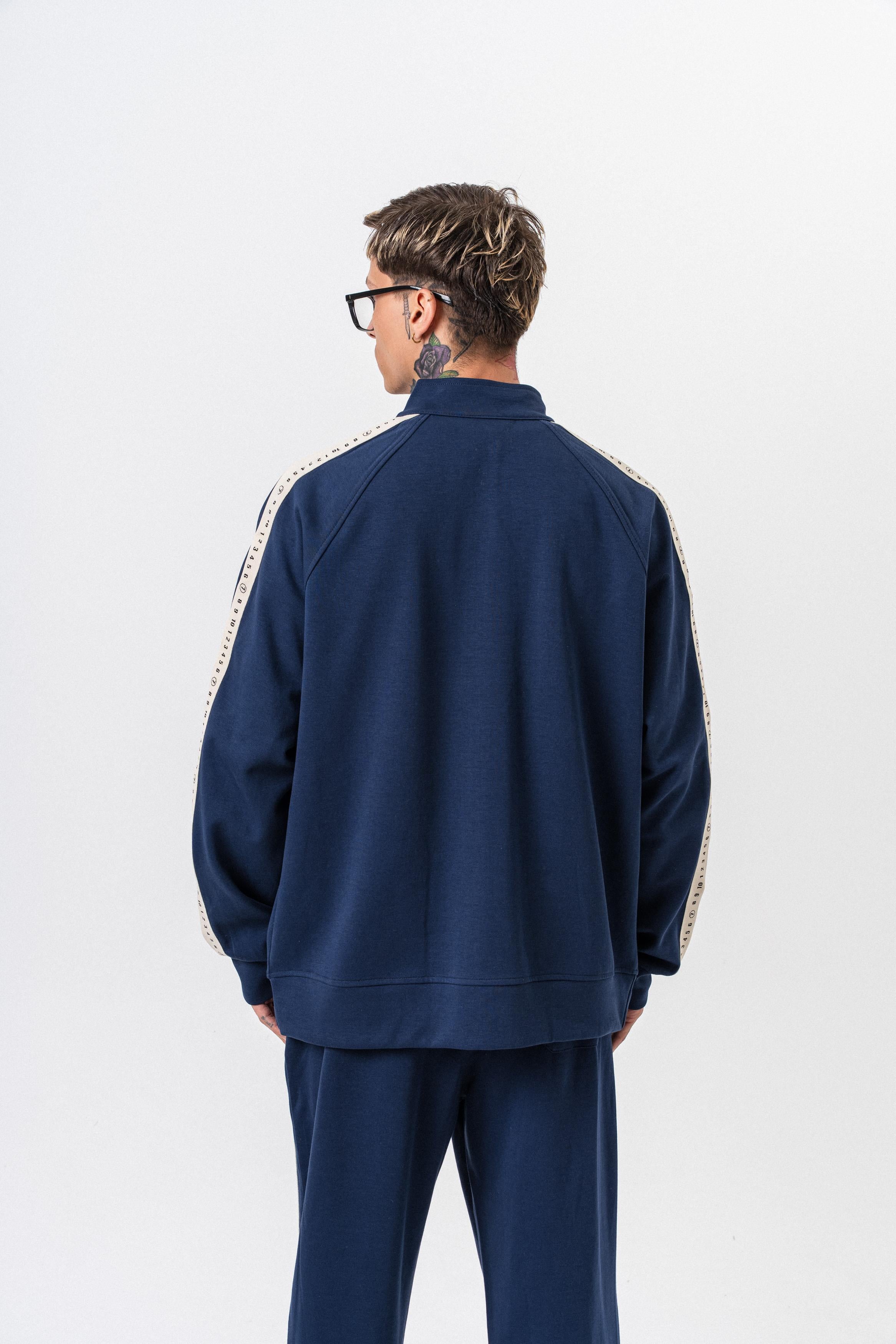 Erkek 7 Şerit Detaylı Dik Yaka Doubleface Zip Oversize Sweatshirt Lacivert