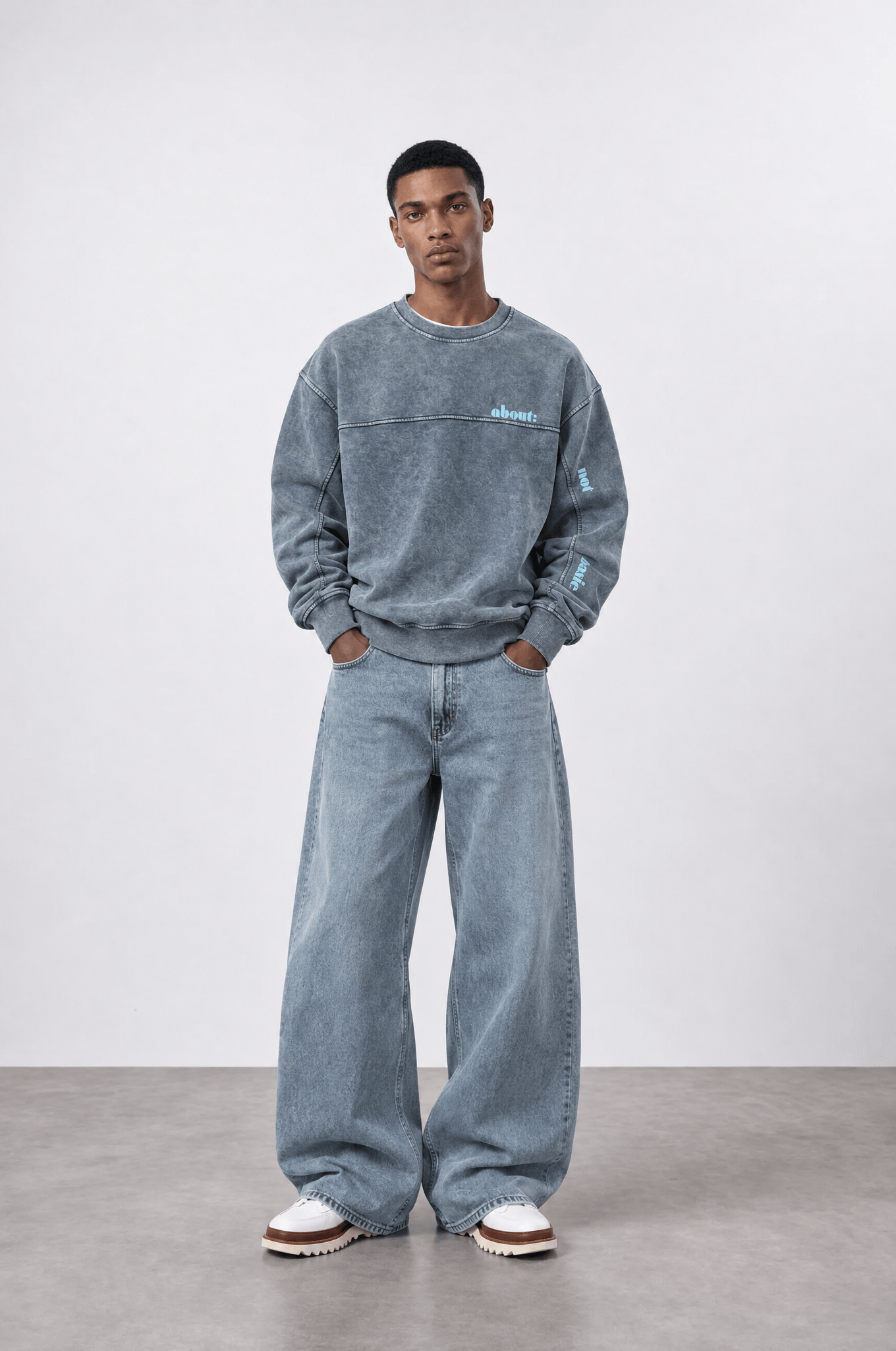 Erkek About Baskılı Yıkamalı Oversize Sweatshirt Gri