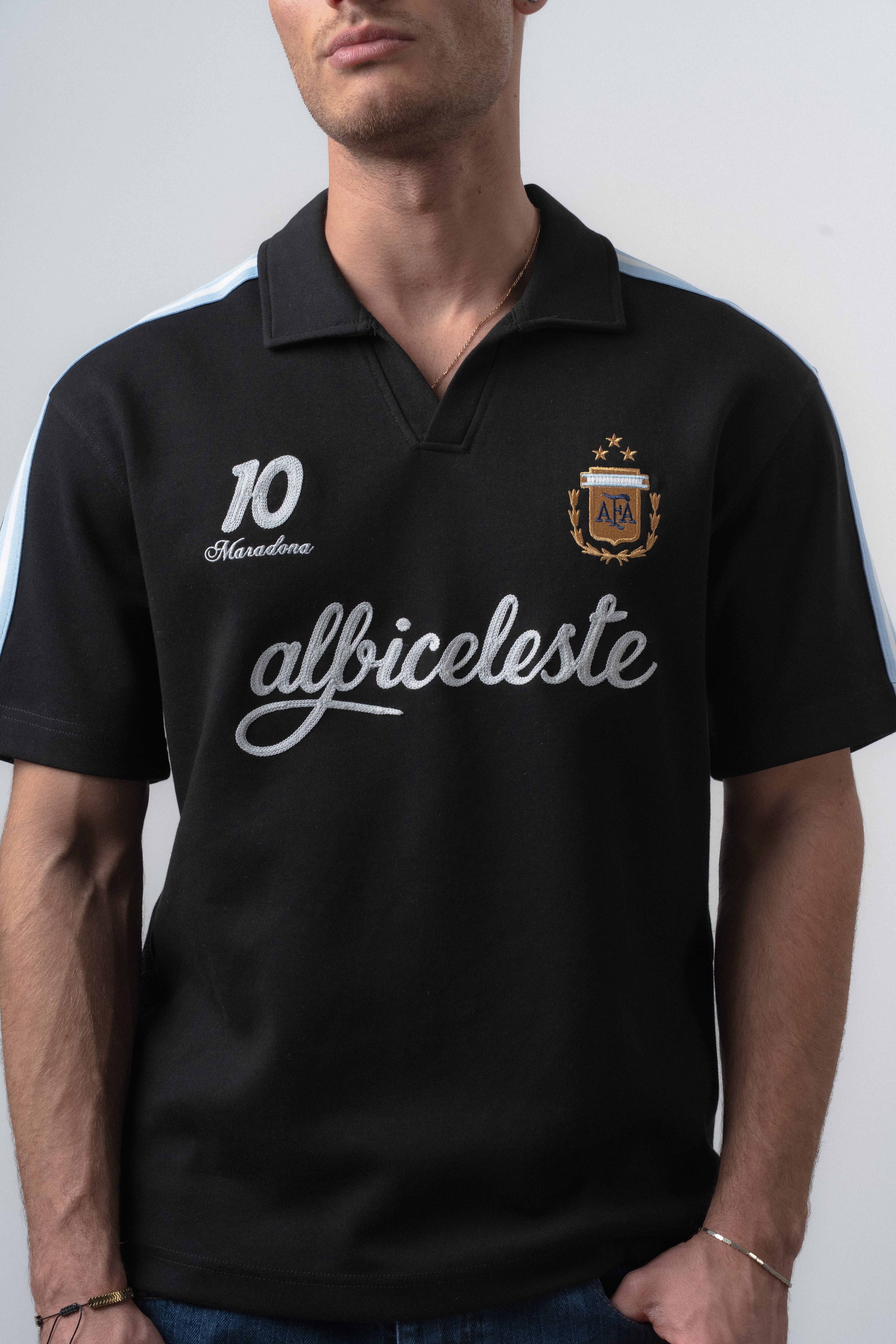 Erkek Albiceleste Dünya Kupası Regular Fit Polo Yaka Taraftar T-Shirt Siyah