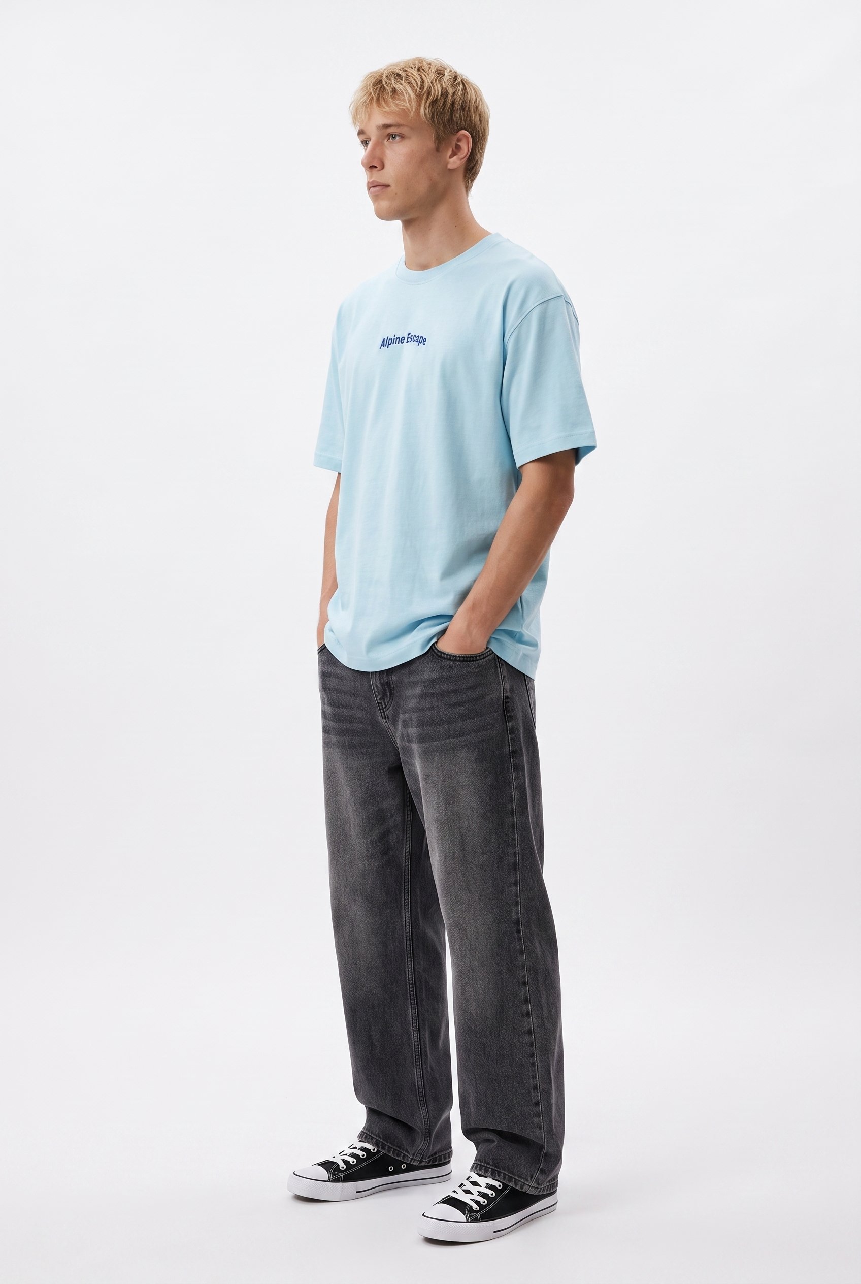 Erkek Alpine Nakışlı Oversize T-Shirt Bebe Mavi