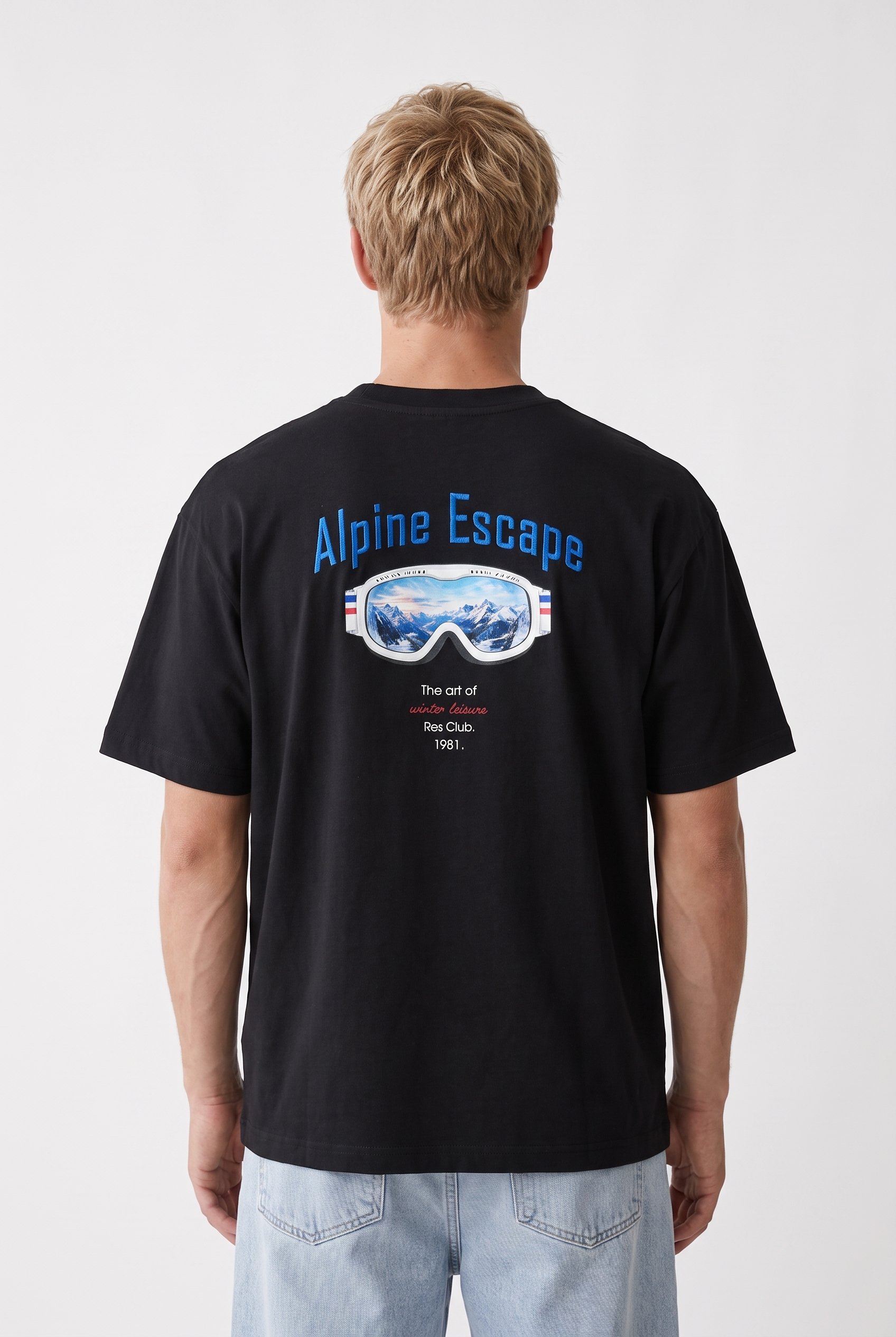 Erkek Alpine Nakışlı Oversize T-Shirt Siyah