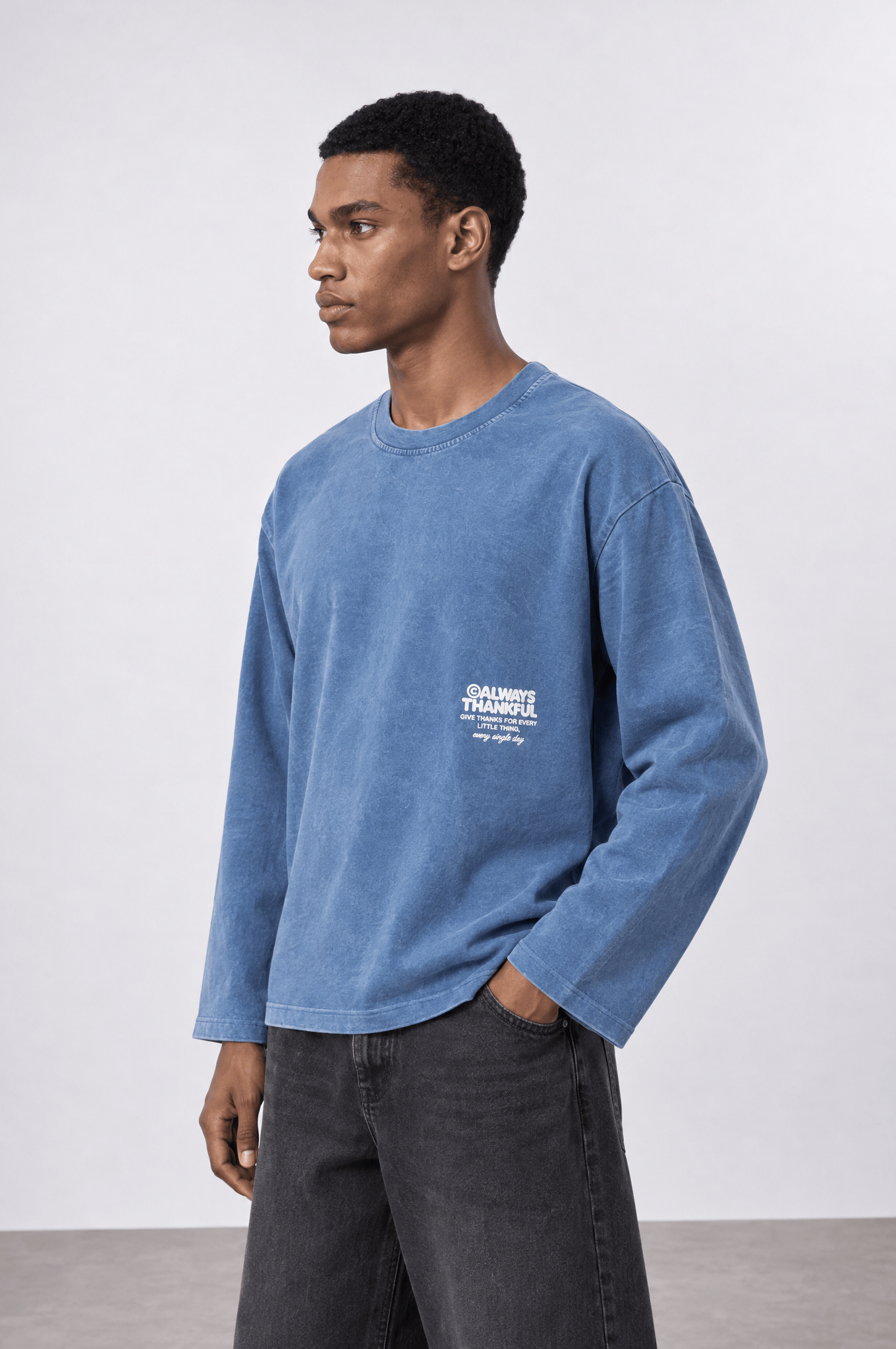 Erkek Always Baskılı Yıkamalı Oversize Long Sleeve Bebe Mavi