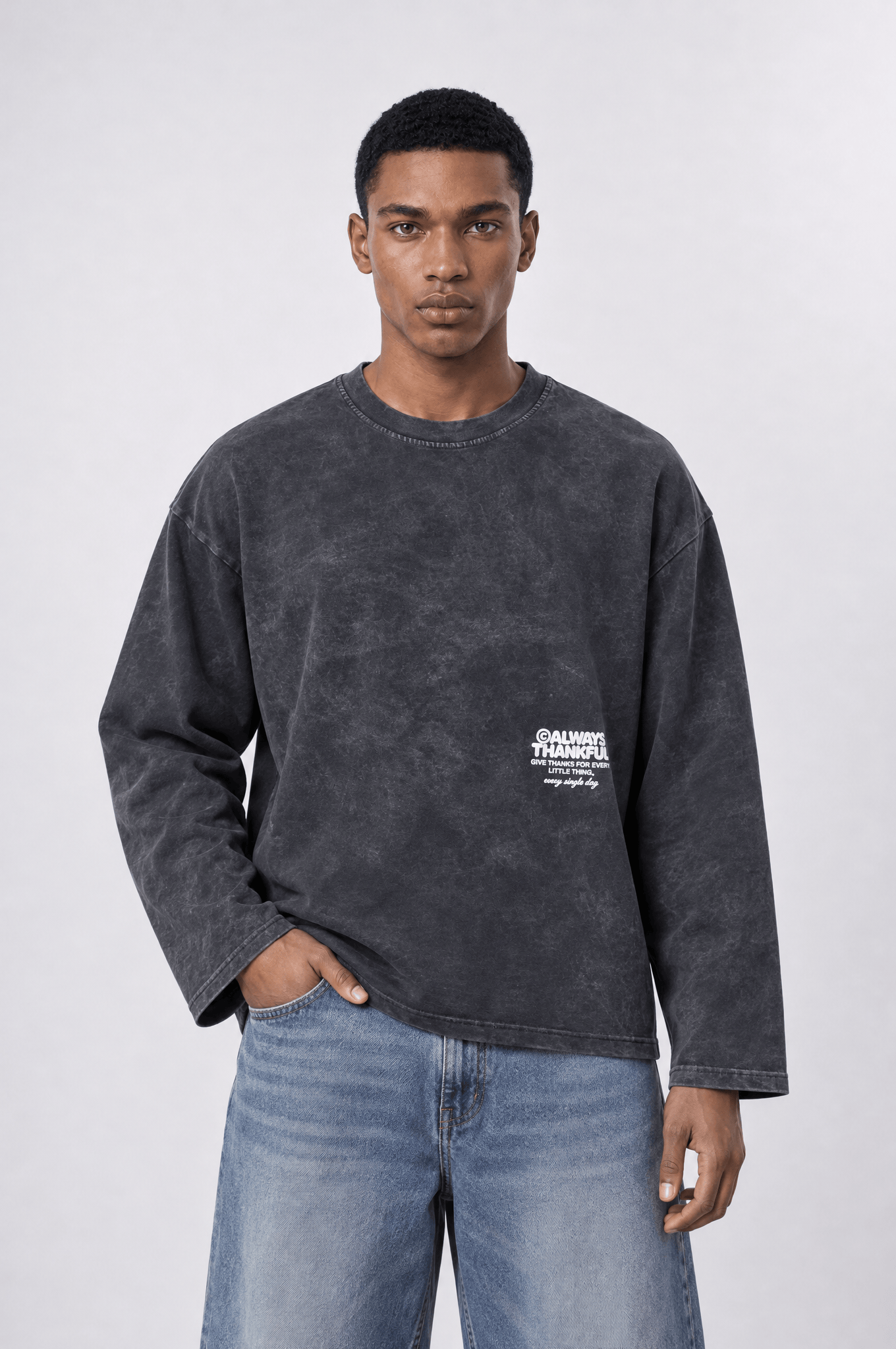 Erkek Always Baskılı Yıkamalı Oversize Long Sleeve Siyah